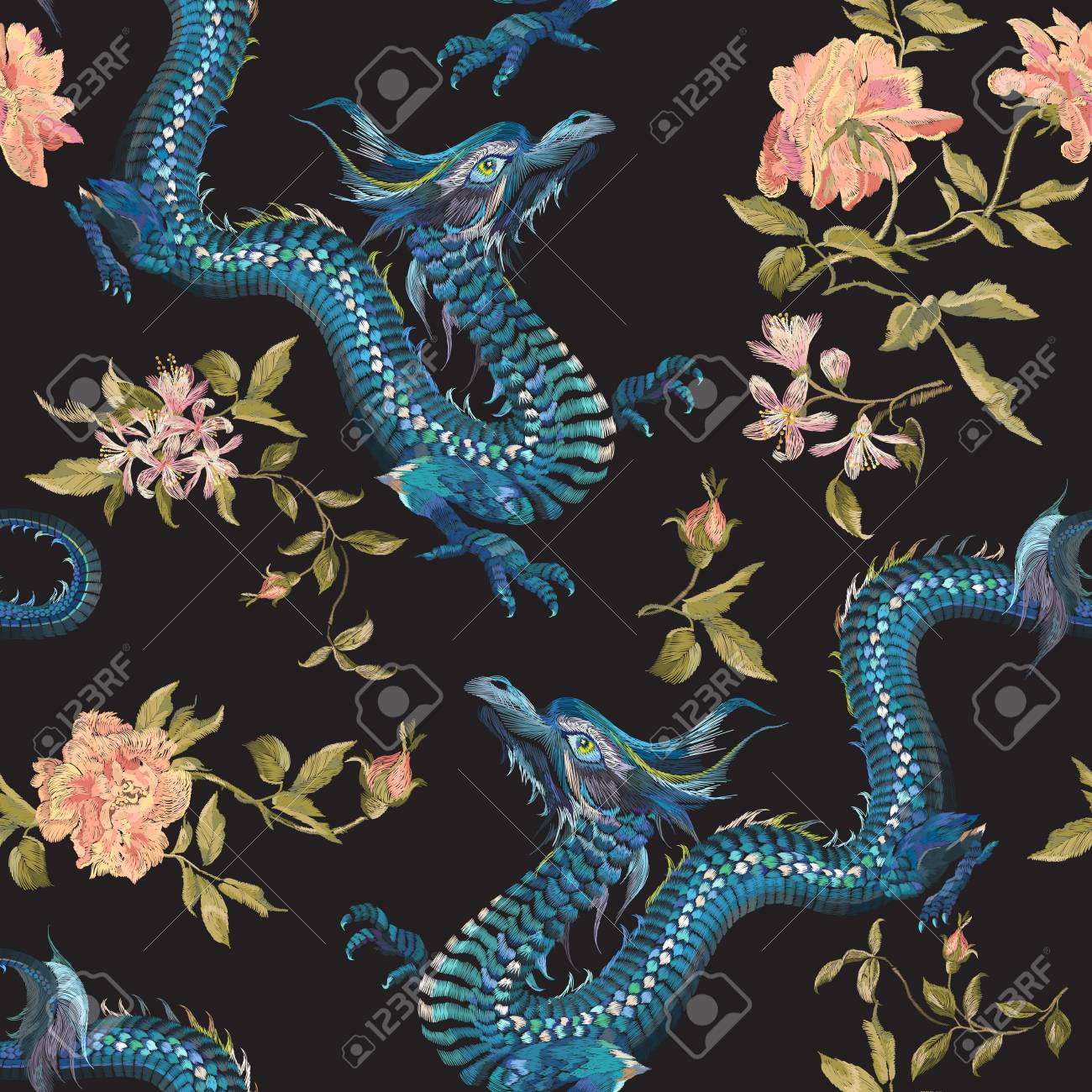 龍とゴールド バラ刺繍オリエンタル花柄 のイラスト素材 ベクタ Image