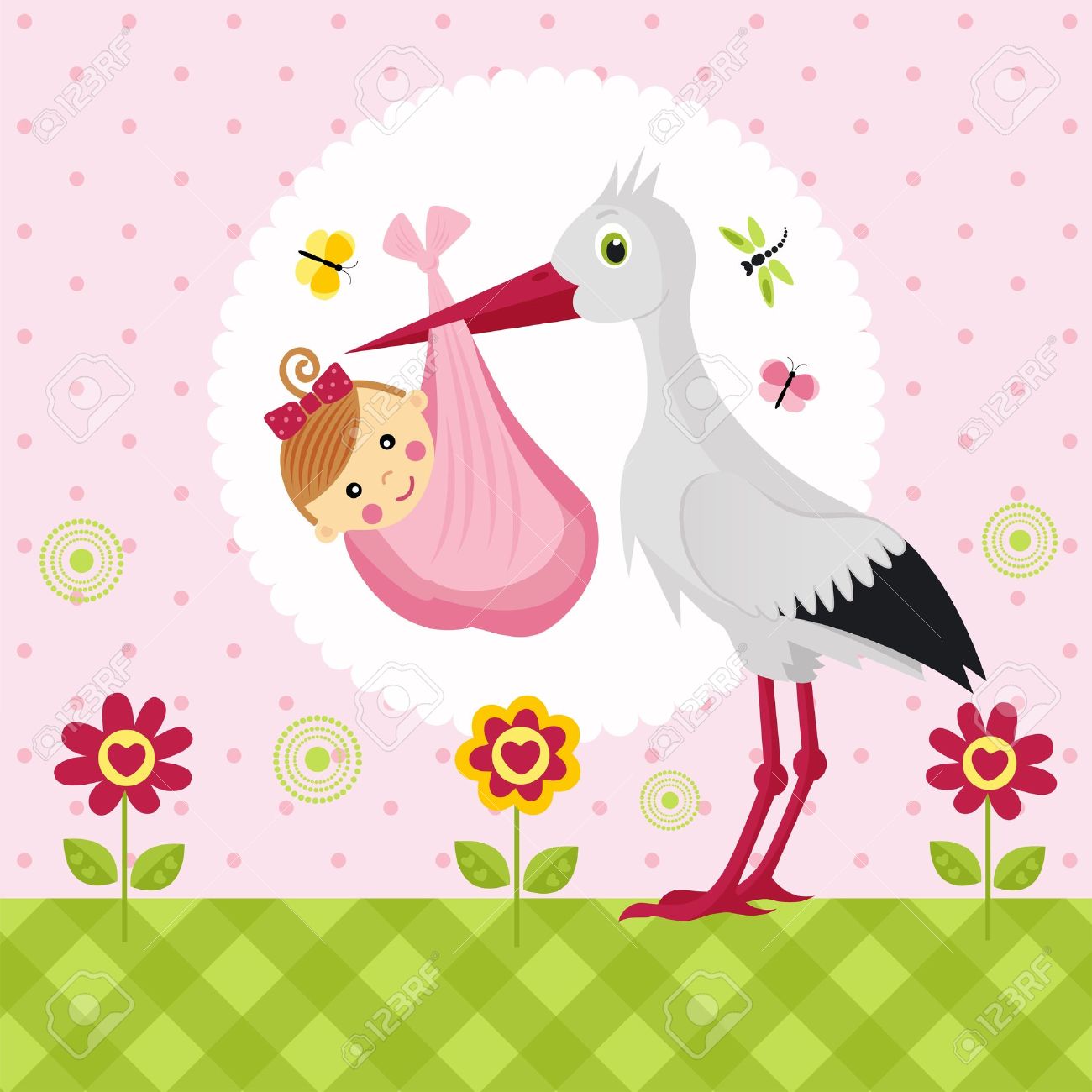 Cigogne Avec Un Bebe Dans Un Sac Clip Art Libres De Droits Vecteurs Et Illustration Image