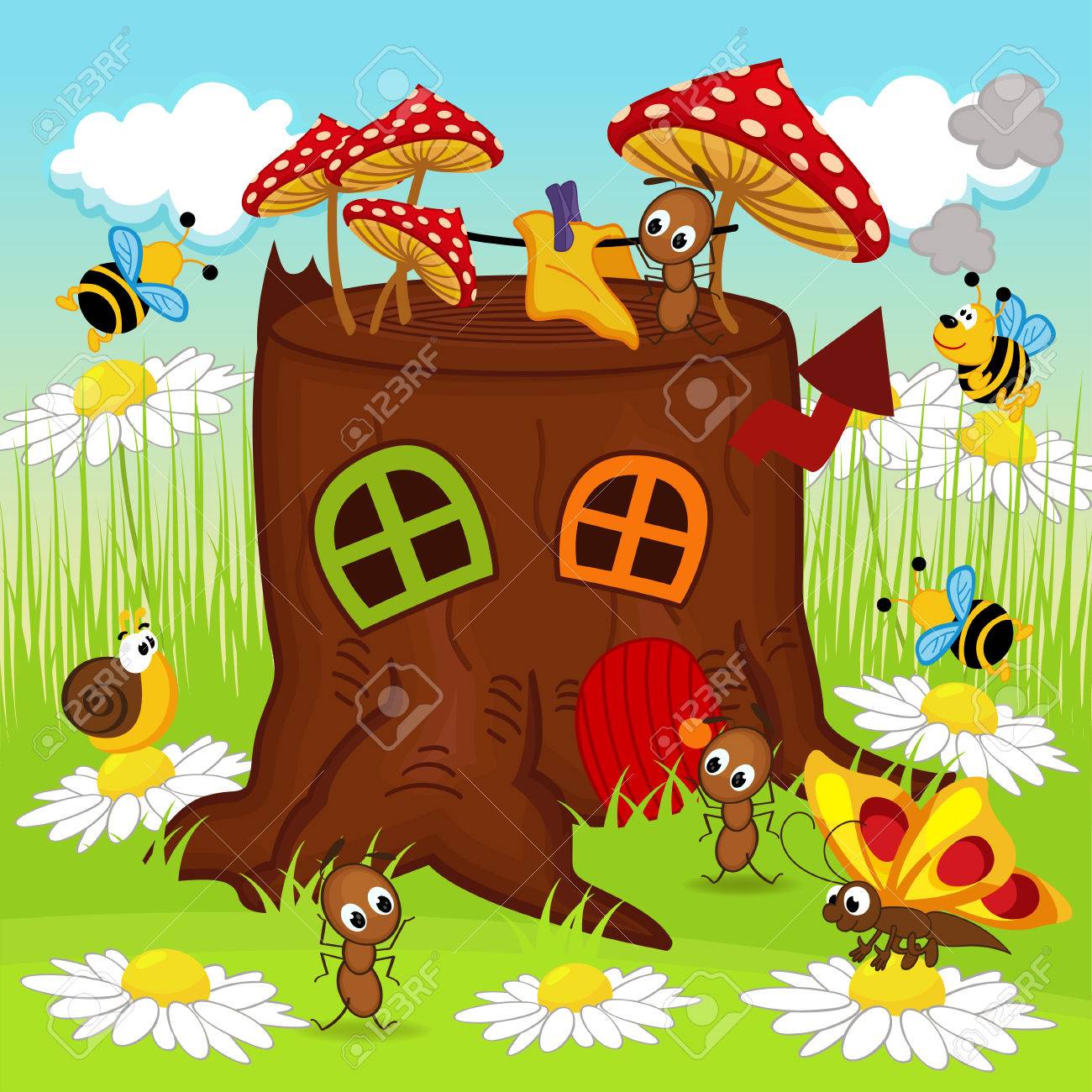 切り株の家の昆虫のイラスト素材 ベクタ Image 切り株の家の昆虫のイラスト素材 ベクタ Image
