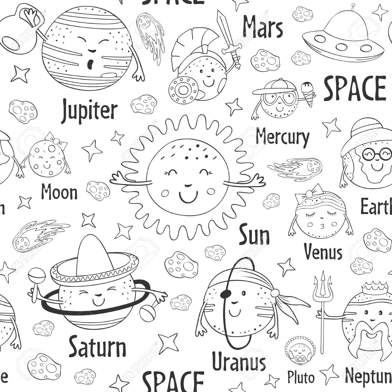 Seamless Pattern Black And White Solar System And Names Of Planets