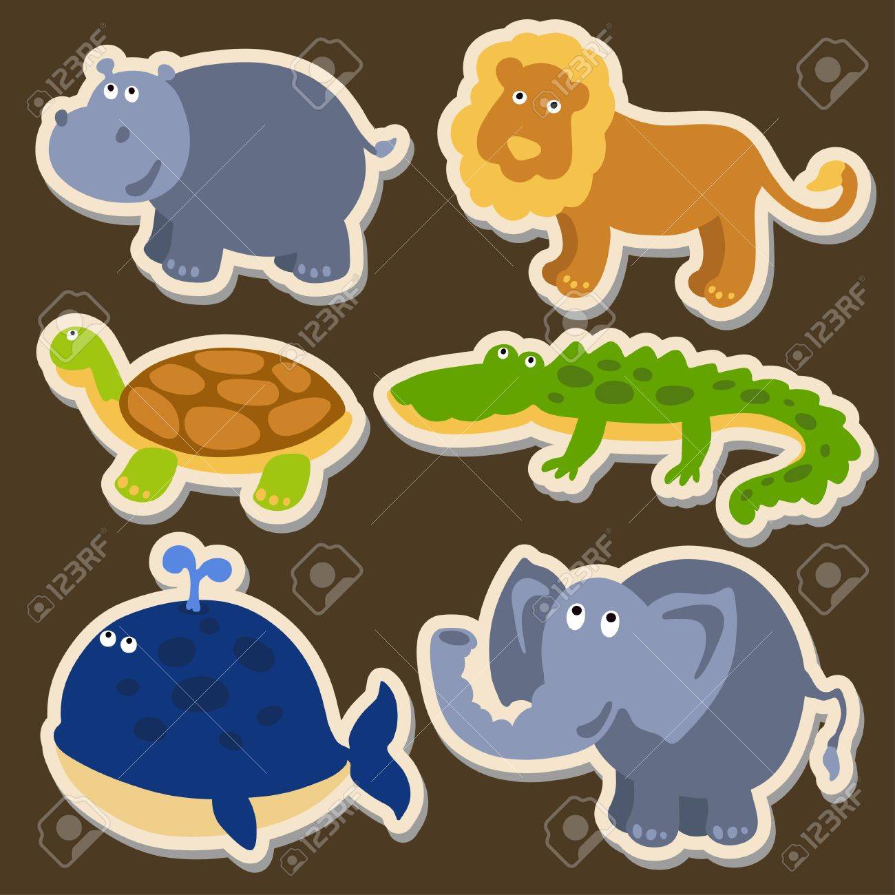 かわいい動物のベクトル イラスト カバ ライオン カメ ワニ 鯨 象などの設定 のイラスト素材 ベクタ Image