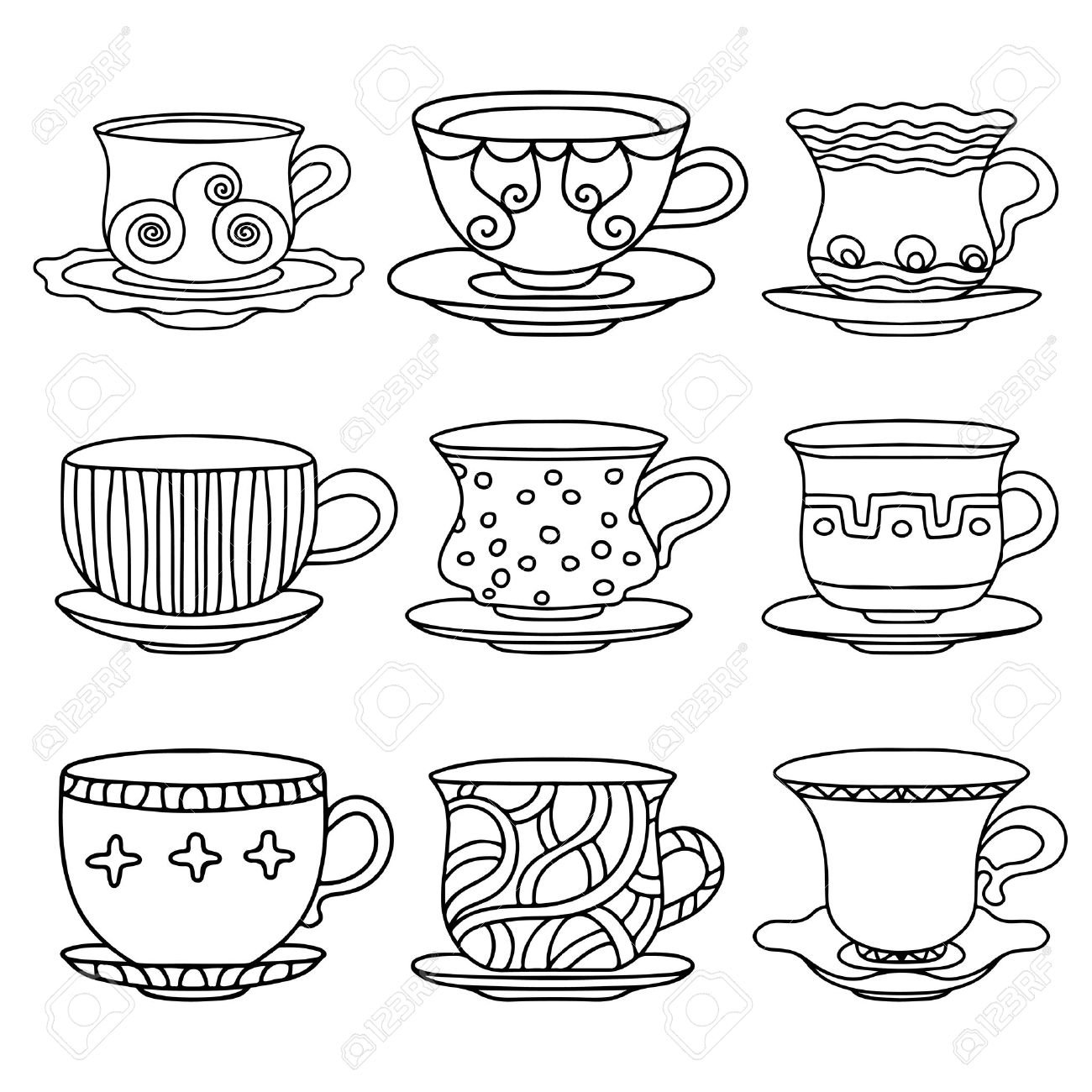 Tea Cup Coffee Cup Saucers Set Simple Sketch Icon Black Line