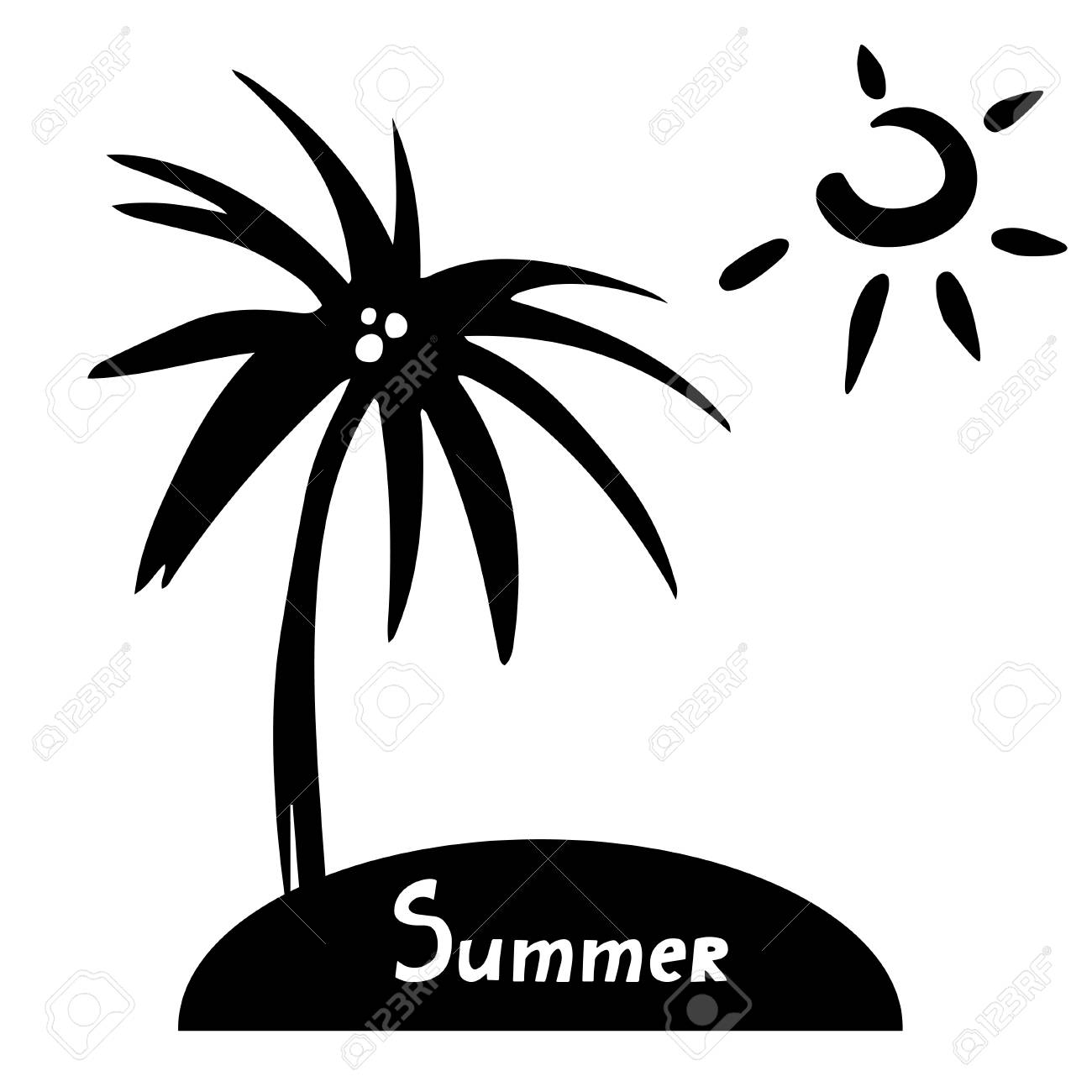Ile Avec Cocotier Et Soleil Silhouette Noire Isole Sur Un Fond Blanc Illustration Tiree Par La Main Espace Pour Le Texte Clip Art Libres De Droits Vecteurs Et Illustration Image