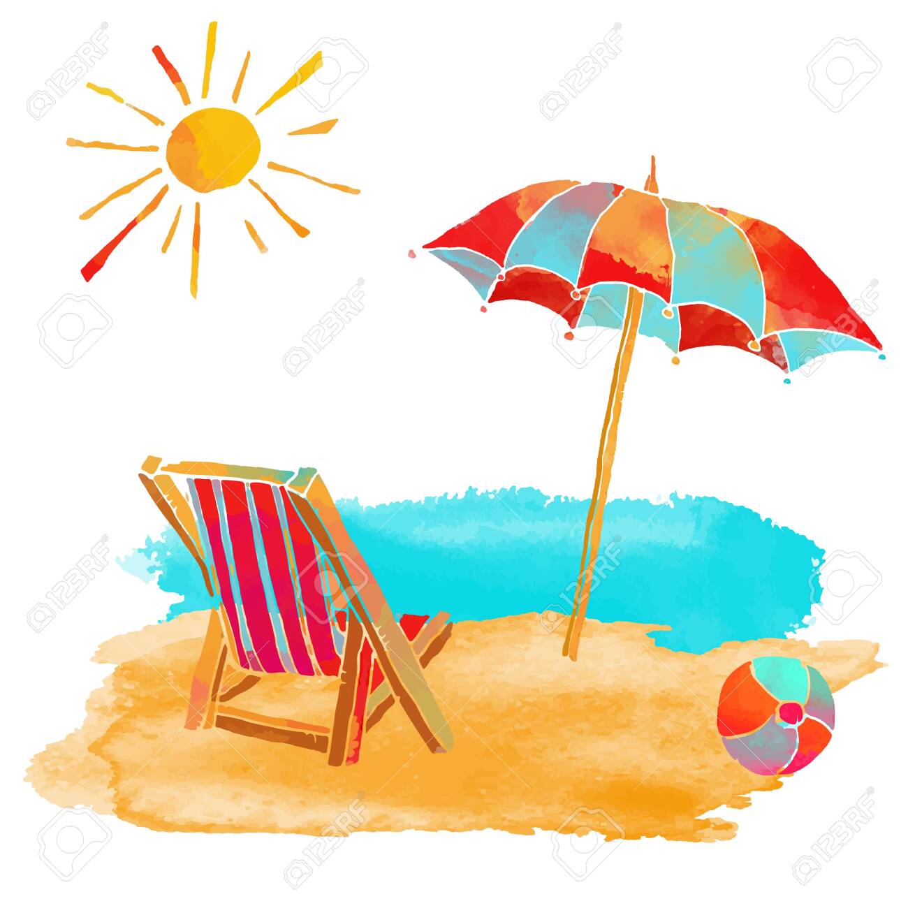 Watercolor Summer Beach Set. Sea, Sun, Sun Umbrella, Ball, Deck Chair, Sand  Isolated On White Background Royalty Free SVG, Cliparts, Vectors, and Stock  Illustration. Image 150740779., image size:1300x1300