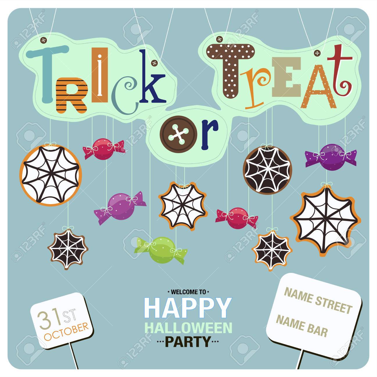 flyers design for happy halloween party candies spider webs