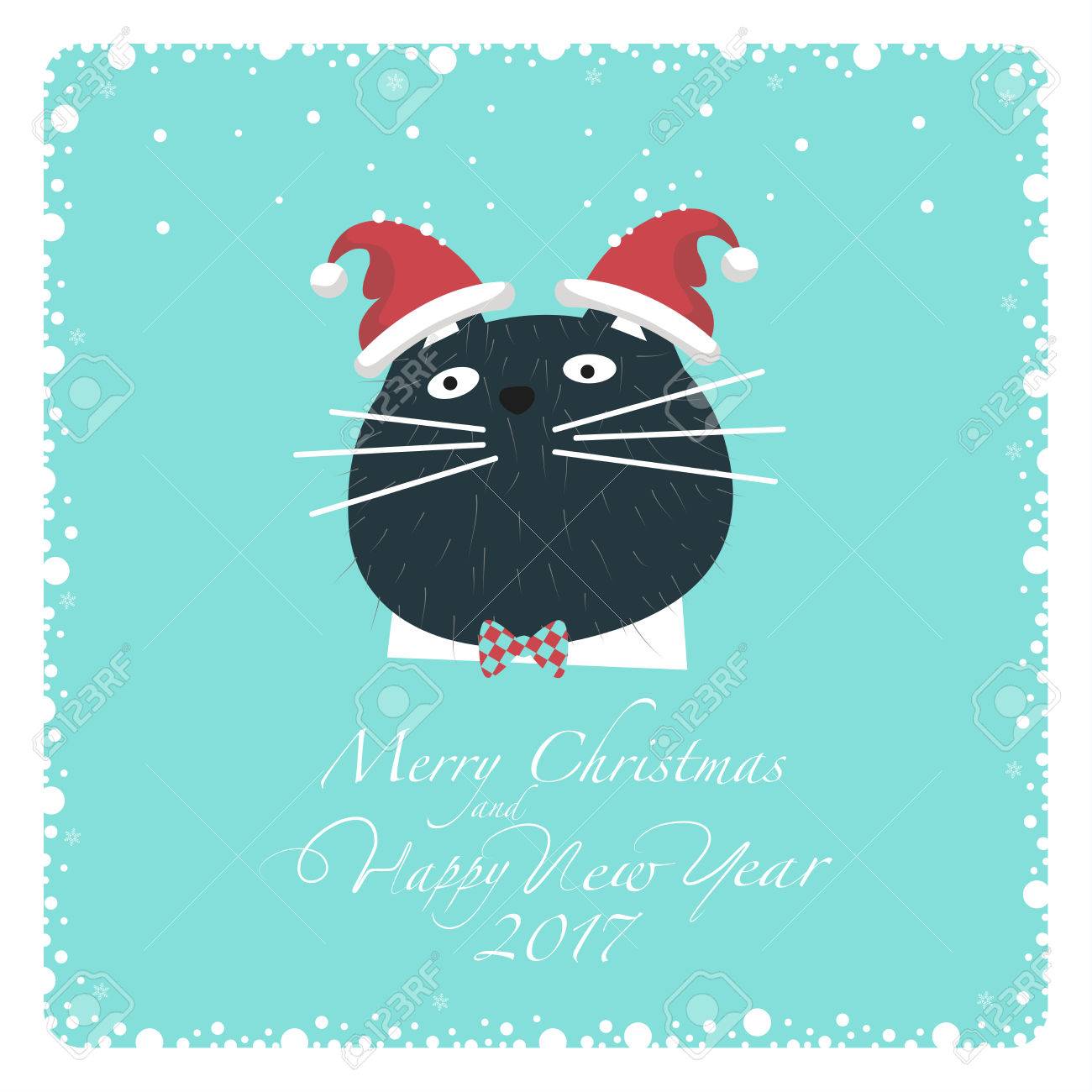 Chat Noir Dans La Chemise Blanche N Ud Papillon Couleur Rouge Bleu Et Deux Chapeaux De Pere Noel Sur Le Ears From Bas De La Carte Postale La Phrase Joyeux Noel Et Bonne Annee Et Chat Noir Dans La Chemise Blanche N Ud Papillon Couleur Rouge Bleu Et Deux Chapeaux De Pere Noel Sur Le Ears From Bas De La Carte Postale La Phrase Joyeux Noel Et Bonne Annee Et