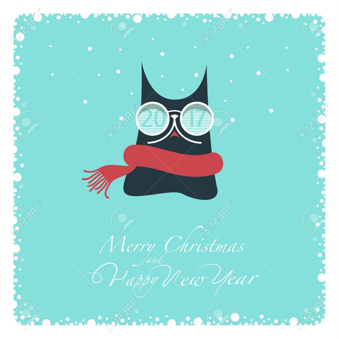 Carte De Voeux Chat Noir Dans Un Foulard Et Des Lunettes Blanches Rouge Tricotee Sur Les Verres Les Numeros Deux Zero Un Sept Du Fond De La Carte Postale La Phrase Joyeux