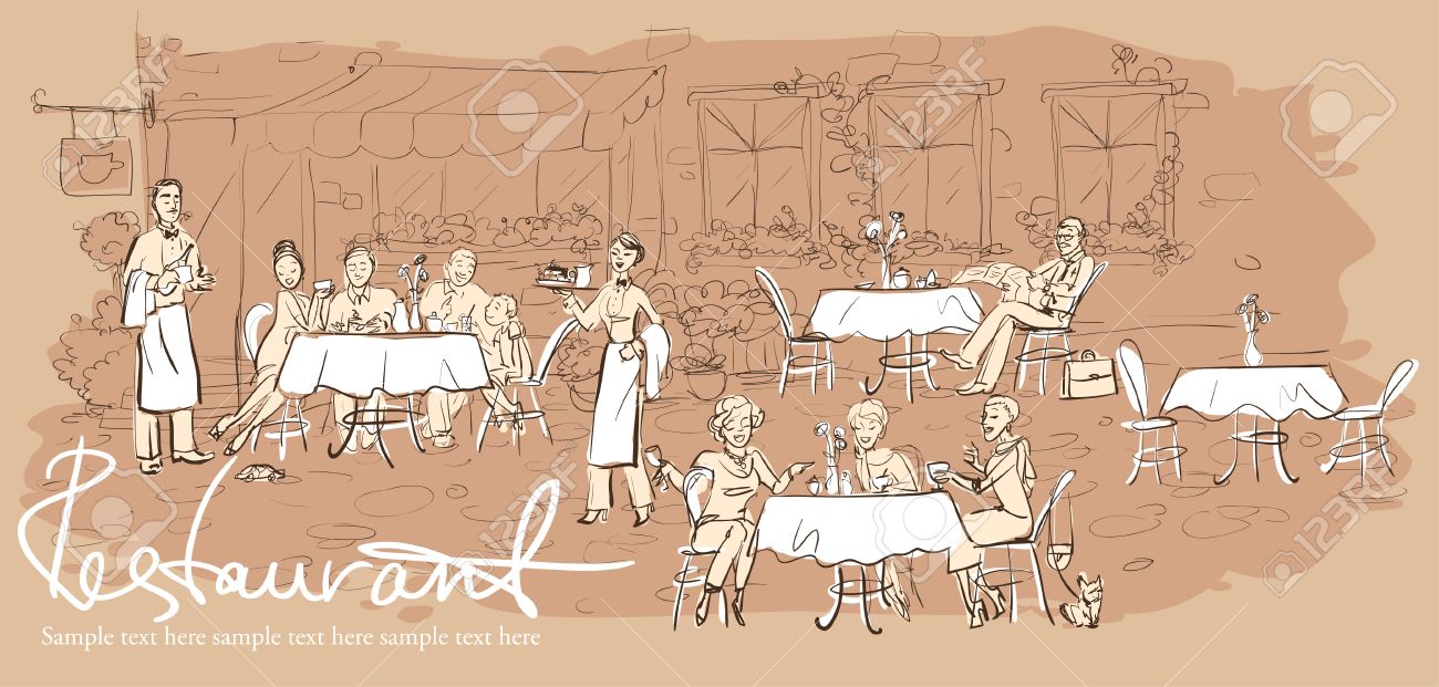 Restaurant Background With People people at restaurant, outdoor cafe - hand drawn horizontal Restaurant Background With People people at restaurant, outdoor cafe - hand drawn horizontal