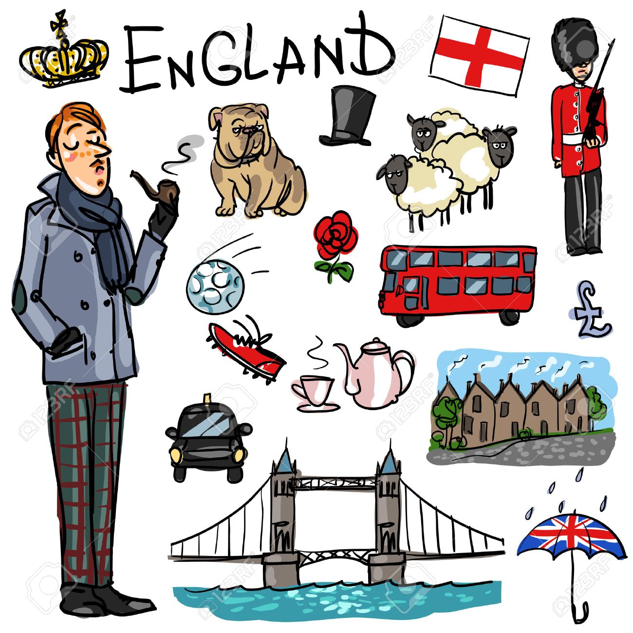 Set Of Cartoon Hand Drawn Travelling Attractions - England Royalty ...