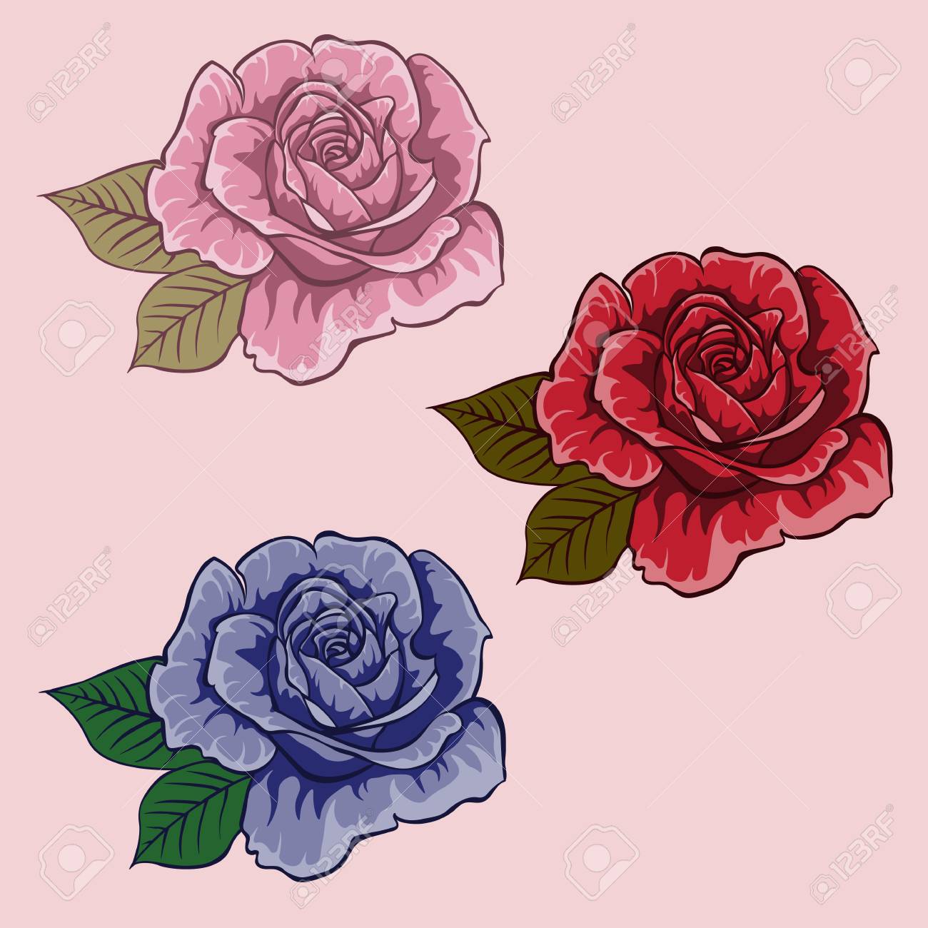 花のセット バラのセット赤いバラ青いバラピンクのバラ光の背景に孤立した花 のイラスト素材 ベクタ Image