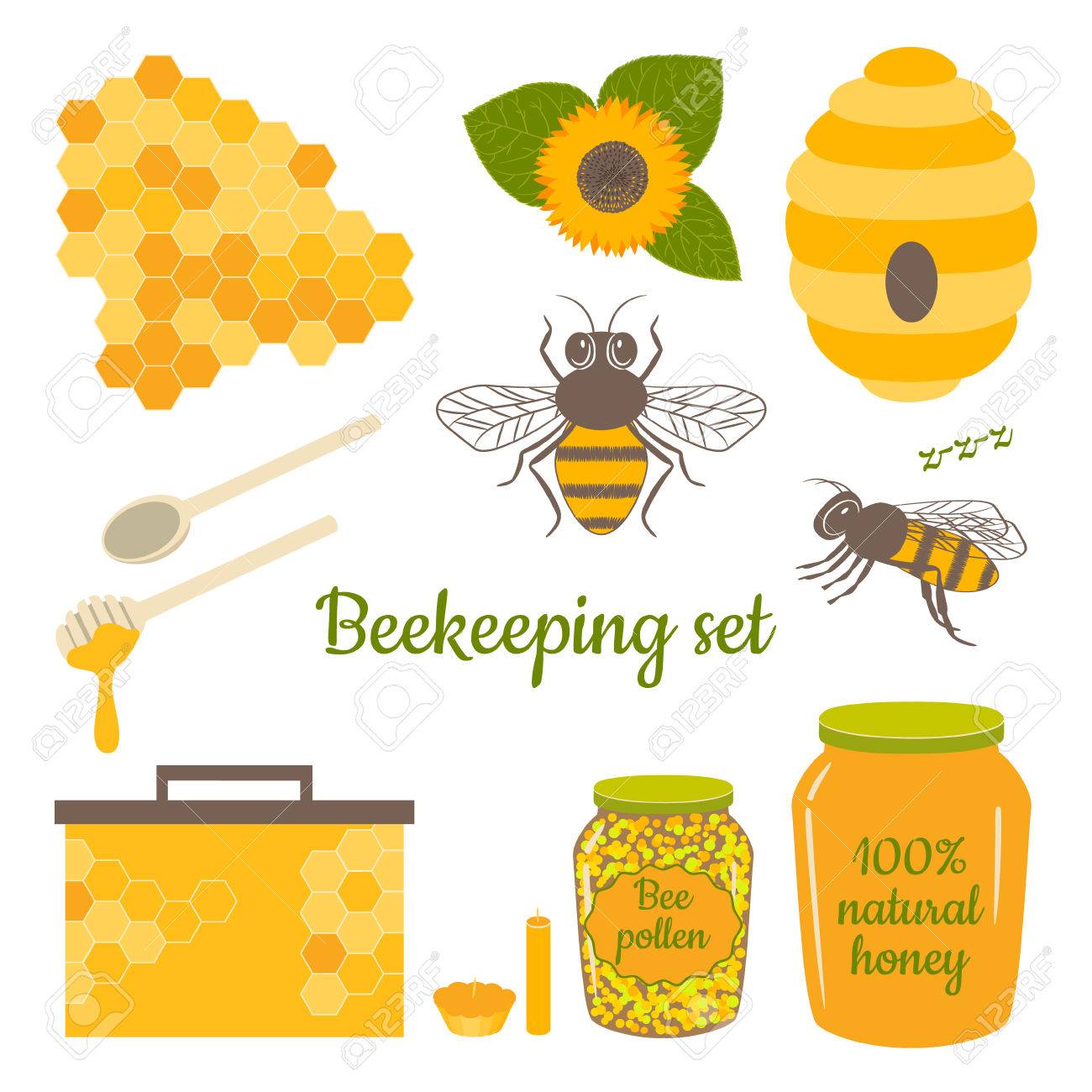 蜂 蜂の巣 ハイブ 蜂蜜 蜂の花粉 蜜蝋キャンドル ひまわり入り蜂蜜ベクトル 養蜂製品 のイラスト素材 ベクタ Image