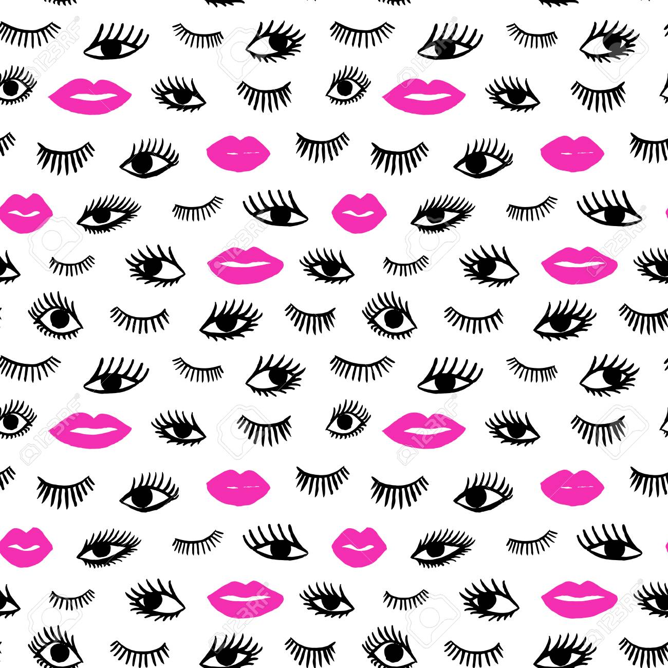 カード 繊維 バック グラウンドのオープンとクローズの目の美しさのイラスト 手描き目 ピンクの唇落書きのシームレスなパターン レトロなスタイルで の イラスト素材 ベクタ Image