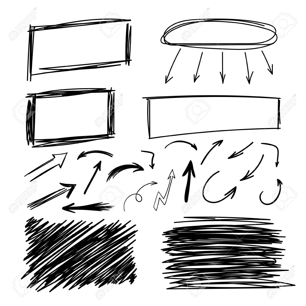 手描き フリーハンド 円 楕円 四角形 枠線 矢印要素のコレクションです ベクトル抽象的な黒の鉛筆落書き 白い背景で隔離のフレームの形状のセットです のイラスト素材 ベクタ Image