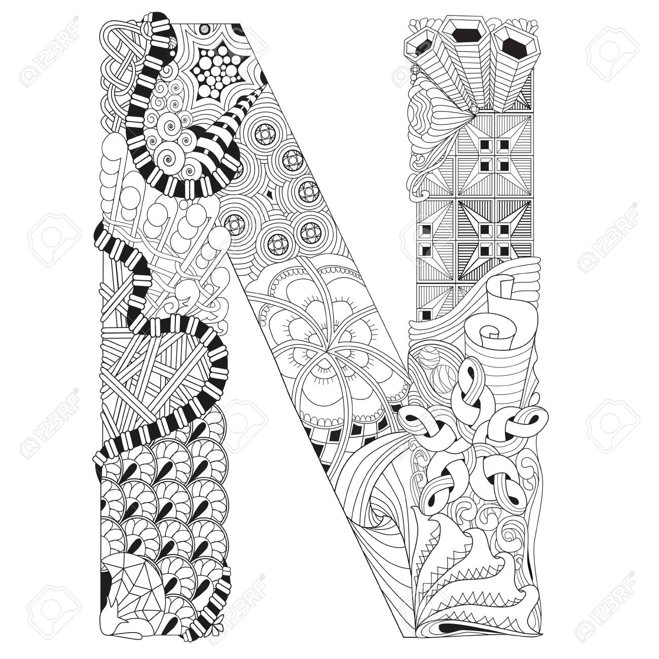 着色の N の文字。ベクター オブジェクトは、装飾的な Zentangle