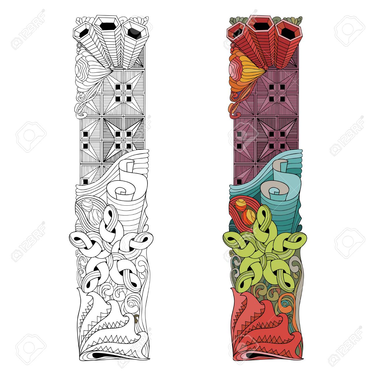 Diseño De Arte Pintado A Mano Letra I Zentangle Objetos Conjunto De Colores Y Contornos