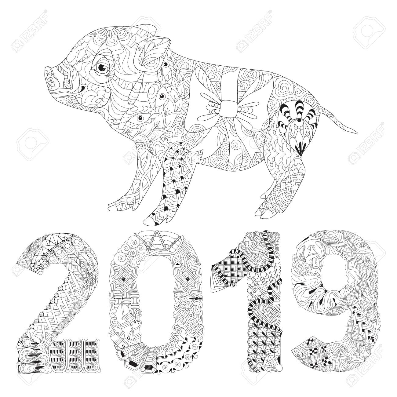 豚とナンバー19のゼンタングルイラスト 禅のもつれや落書きの子豚 塗り絵家畜 のイラスト素材 ベクタ Image