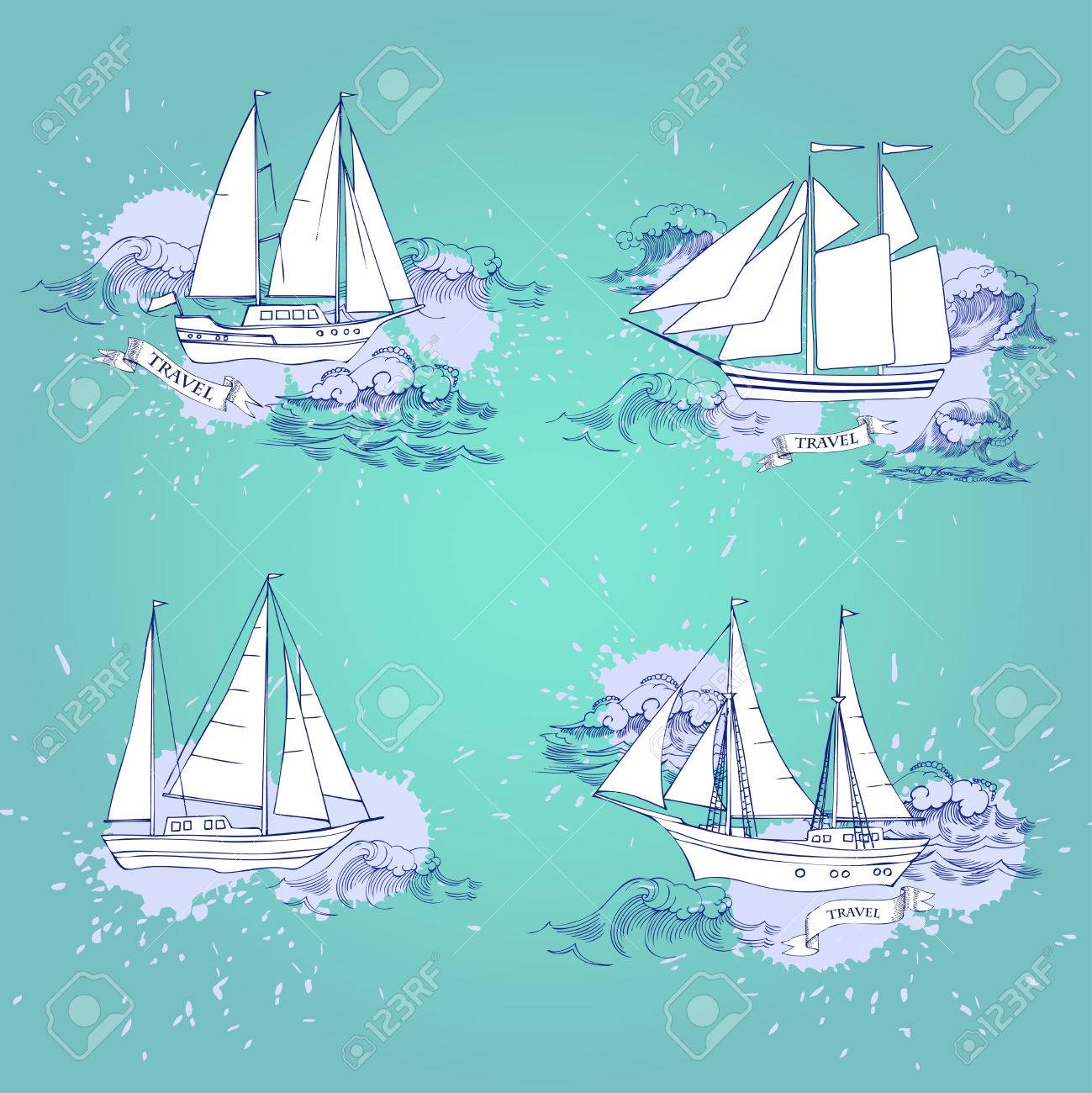 海と波。船で夏休みの手描きの要素。のイラスト素材・ベクター