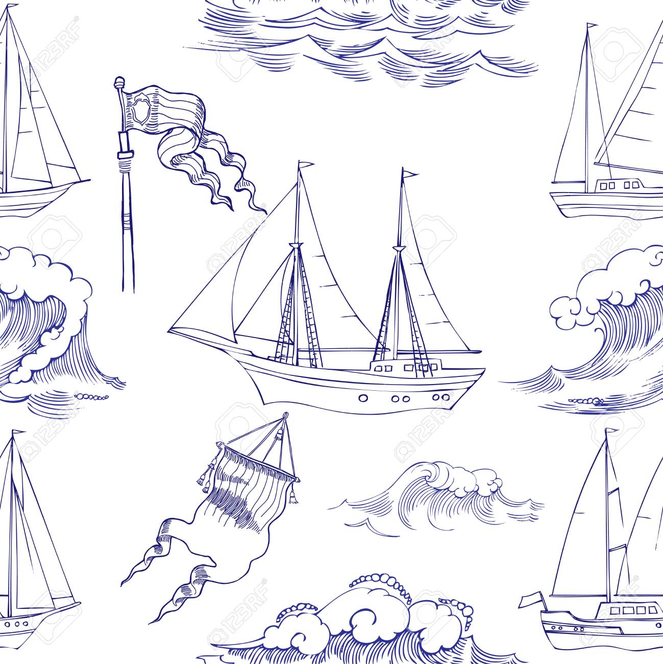 波と船とのシームレスなパターン 手描きの背景イラストのイラスト素材 ベクタ Image