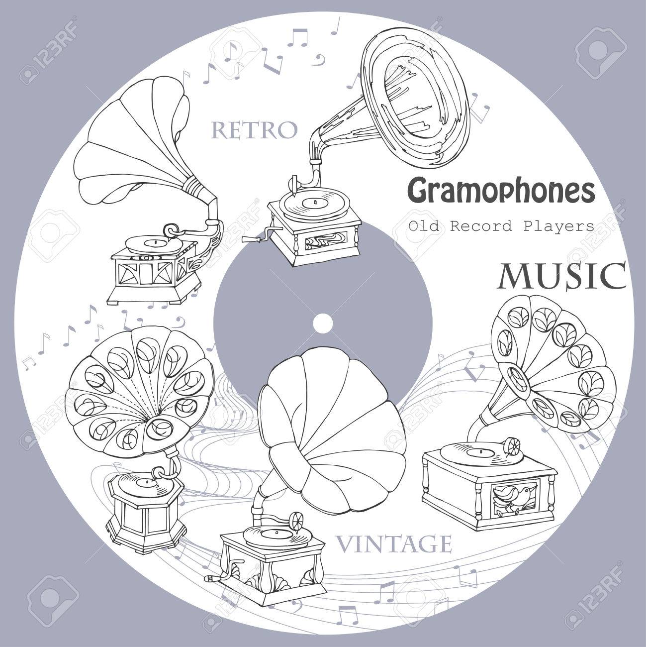 Hand drawn sketches old record player vector music illustration stock vector