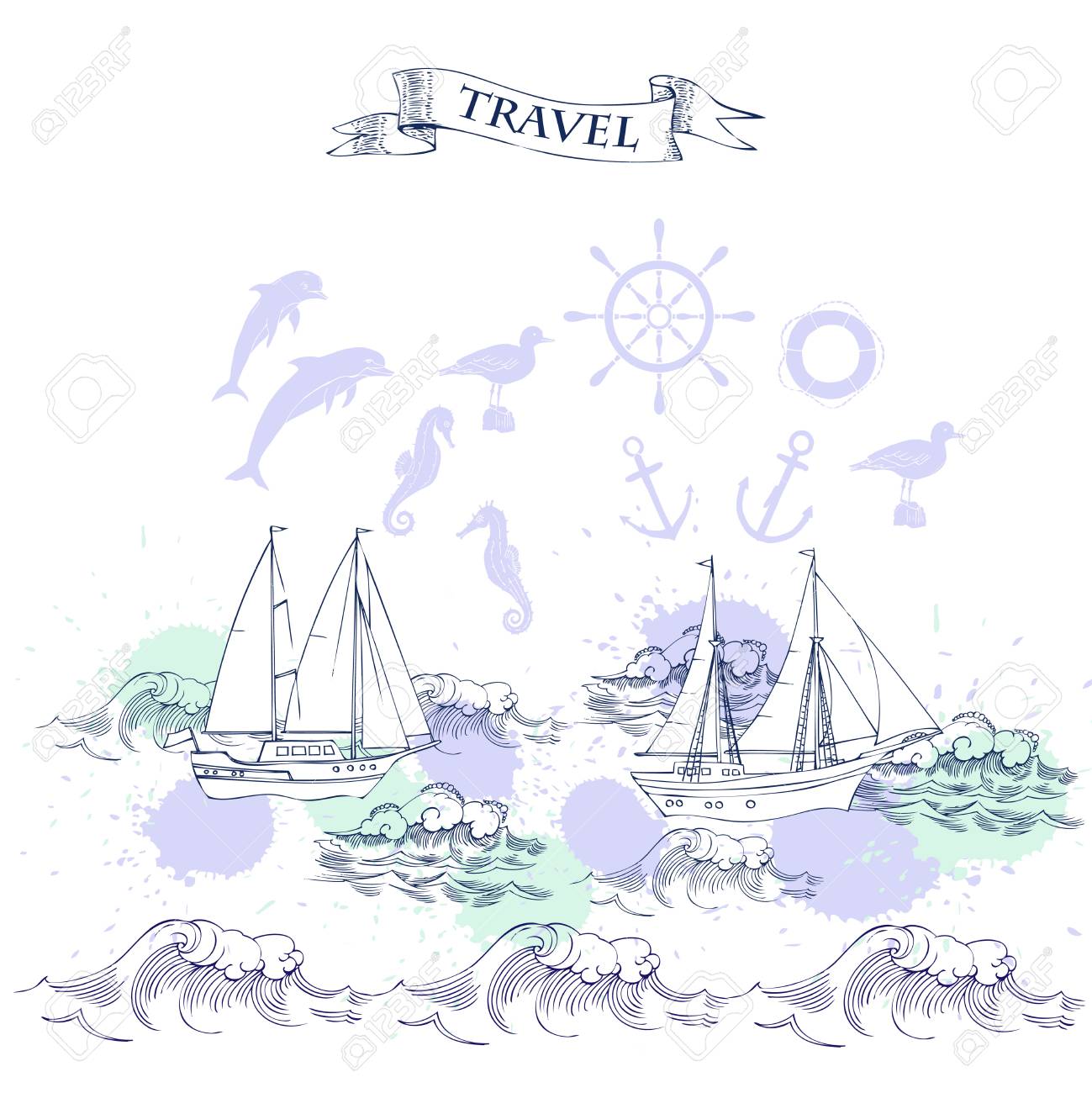 船と波の背景 手には 海 波とヨットが描かれました のイラスト素材 ベクタ Image 0268