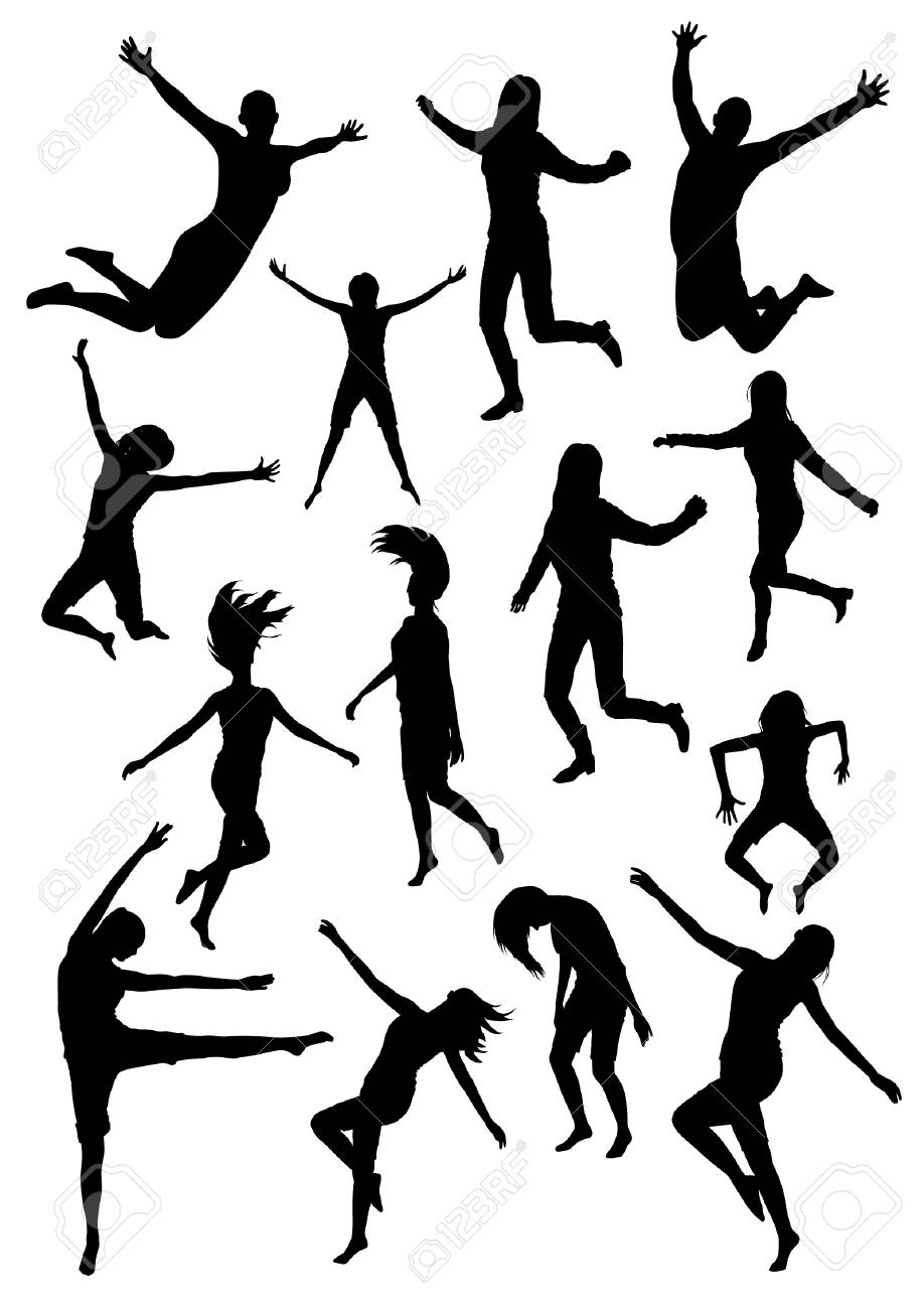 幸せジャンプで飛んで人々 のシルエット 黒いベクター人 のイラスト素材 ベクタ Image