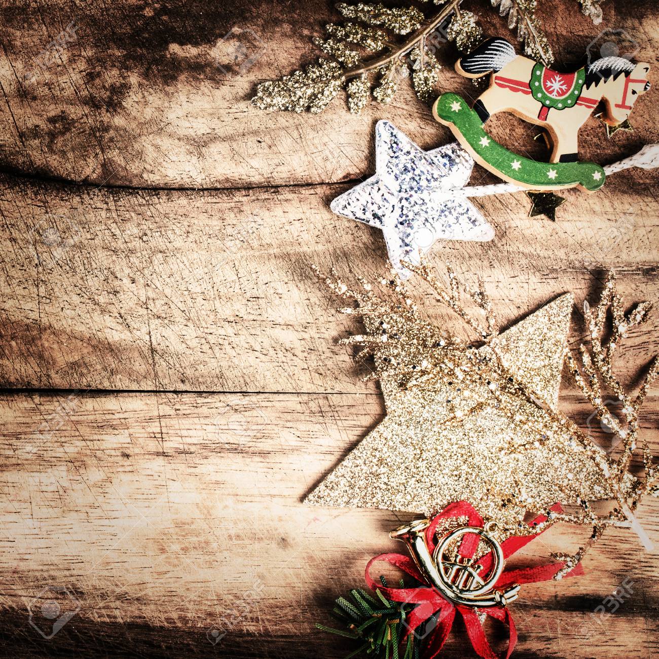 vintage christmas decoration on natural wooden textured background