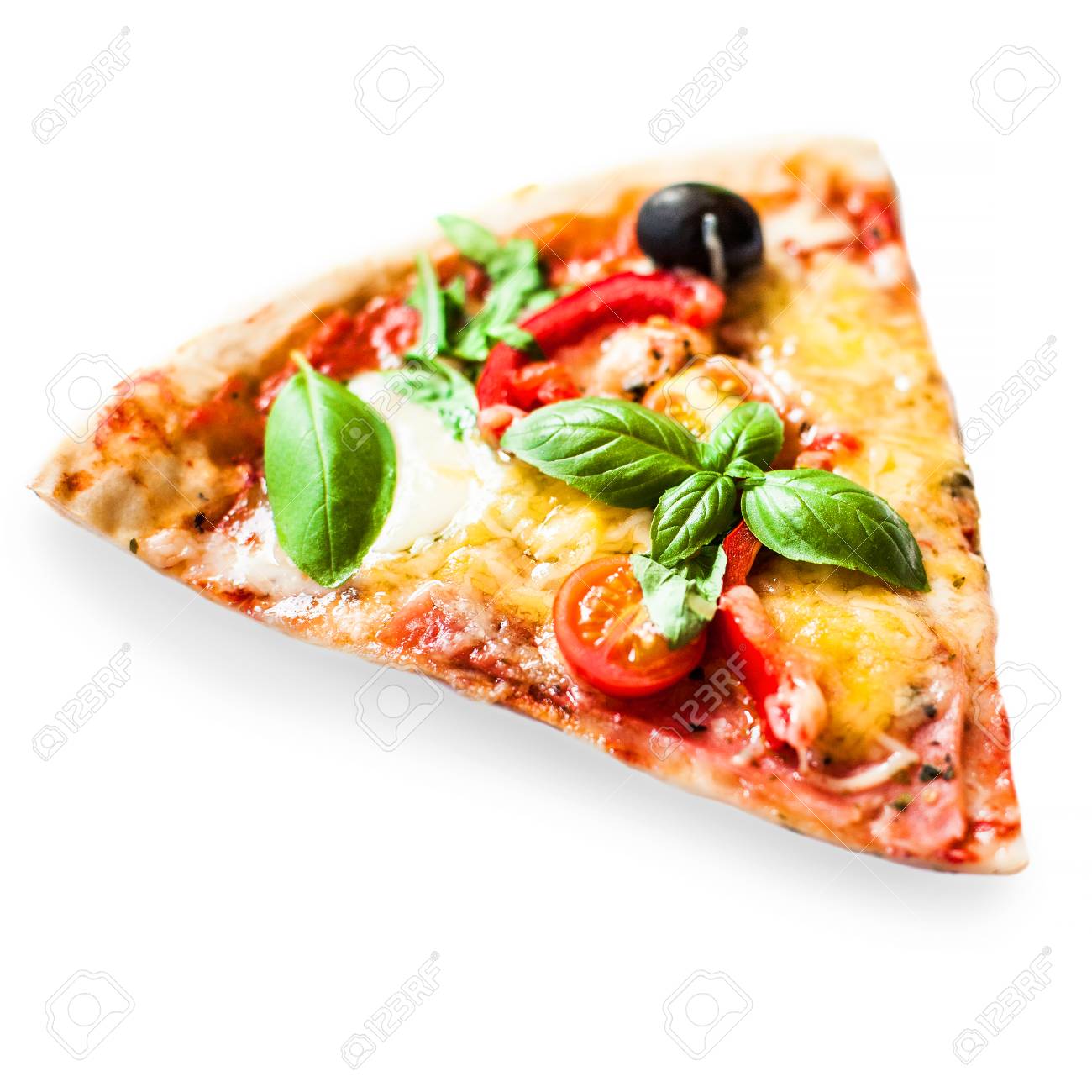 Slice Of Fresh Italian Classic Vegetarian Pizza With Cheese, Tomatoes And  Basil Leaf Isolated On White Background Stock Photo, Picture and Royalty  Free Image. Image 94619880.