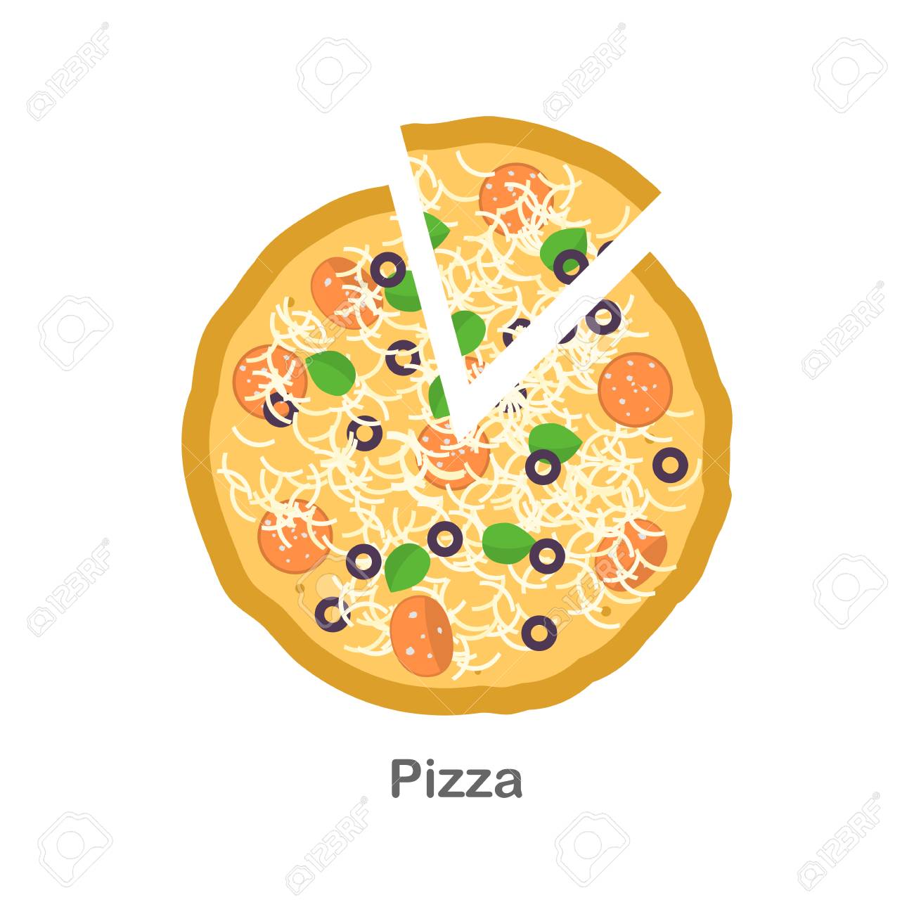フラットデザインのピザとエンドウ豆のスライス ソーセージ チーズ オリーブのシンプルなデザインピザのイラスト素材 ベクタ Image フラットデザインのピザとエンドウ豆のスライス ソーセージ チーズ オリーブのシンプルなデザインピザのイラスト素材 ベクタ Image
