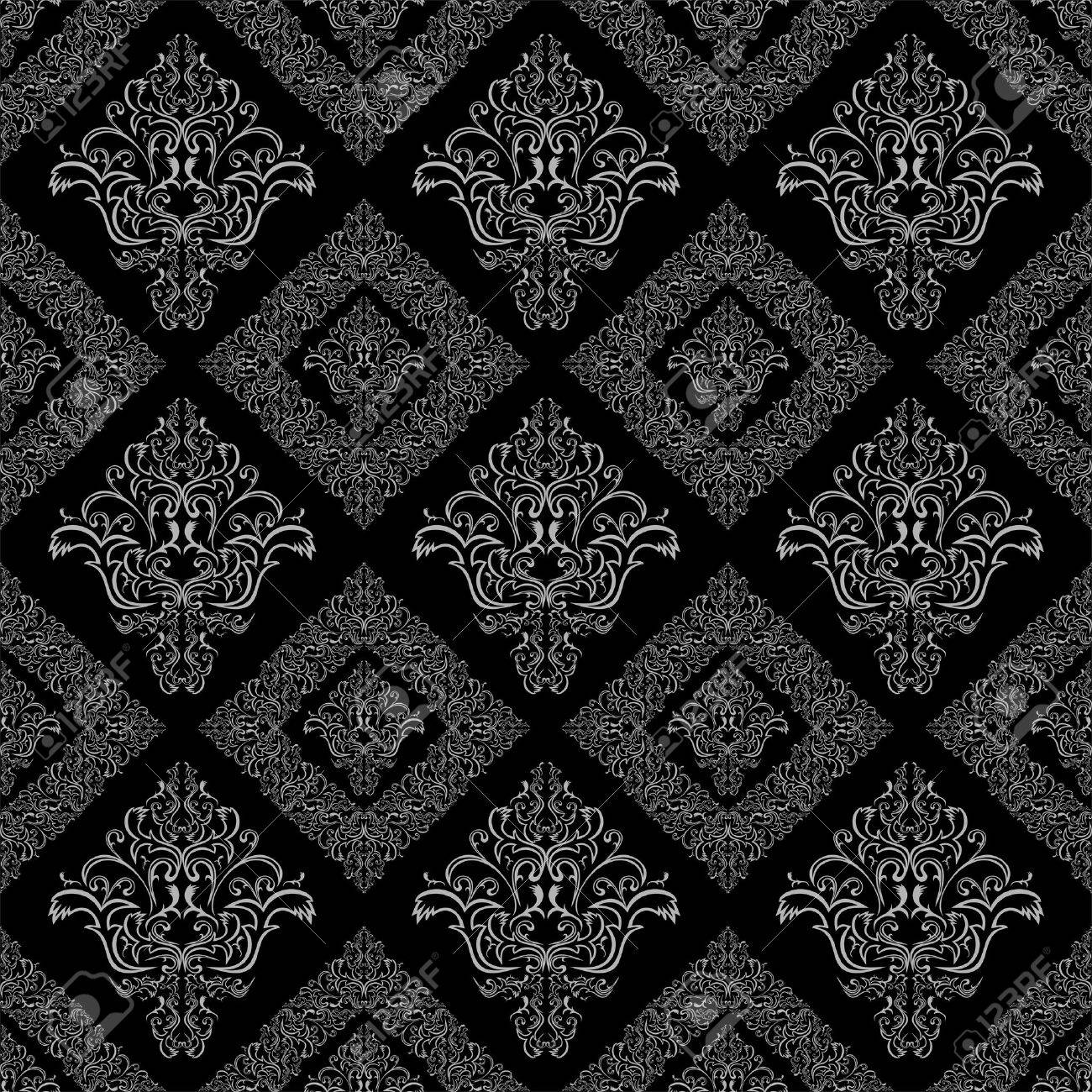 シームレスなダマスク花幾何学的壁紙 灰色と黒のカラーのイラスト素材 ベクタ Image