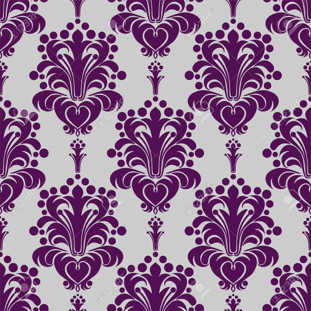 グレーのシームレスなダマスク織壁紙 紫飾りのイラスト素材 ベクタ Image