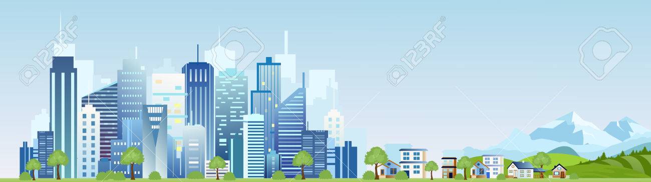 産業都市風景のベクター イラストです フラットな漫画のスタイルに山と国の高層ビルと近代的な都会の家します のイラスト素材 ベクタ Image