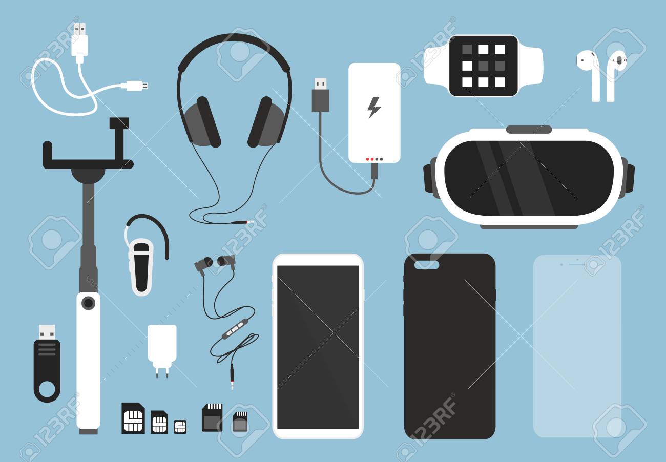 Vector illustration set of smartphone and accessories for it. Phone with case, charger, headphones and protective glass, cover and other things for smartphone in flat cartoon style - 112299467 Vector illustration set of smartphone and accessories for it. Phone with case, charger, headphones and protective glass, cover and other things for smartphone in flat cartoon style - 112299467