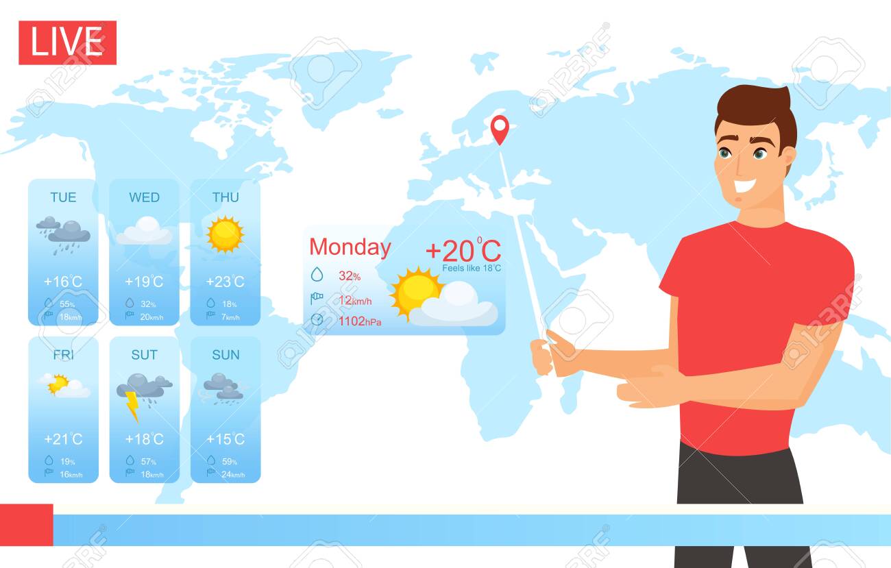Tv Weather Forecast Report Vector Illustration Cartoon Flat Smiling Weatherman Character Working In News Male Reporter Meteorologist Showing Weather Screen Chart In Broadcast Television Background Royalty Free Cliparts Vectors And Stock Illustration