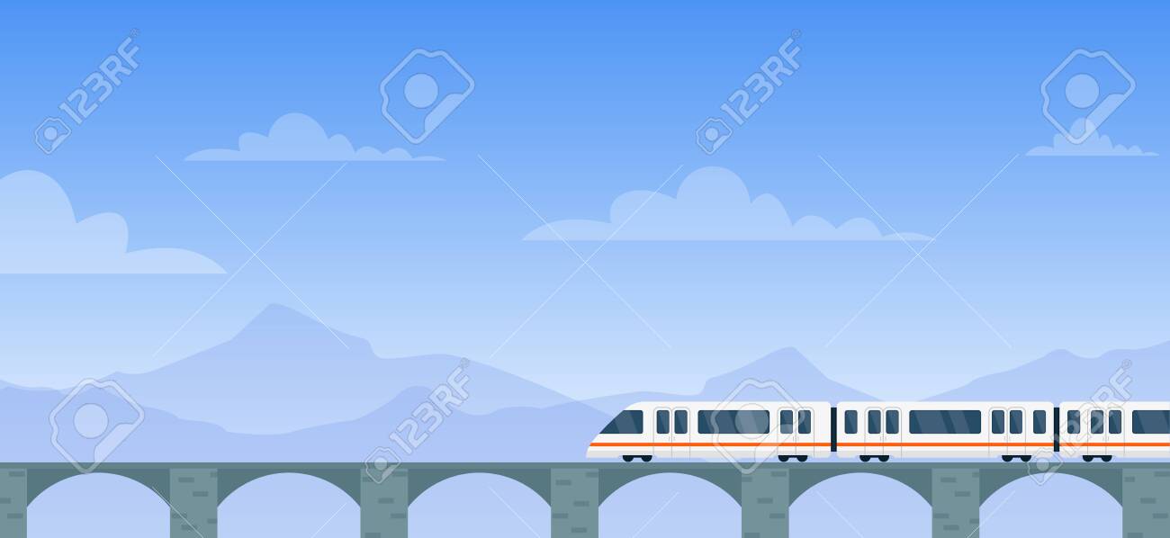 Travel by train vector illustration. Cartoon flat modern electric express train with travelers traveling by rail road on railway bridge to next station. Mountain landscape adventure background - 148957199 Travel by train vector illustration. Cartoon flat modern electric express train with travelers traveling by rail road on railway bridge to next station. Mountain landscape adventure background - 148957199