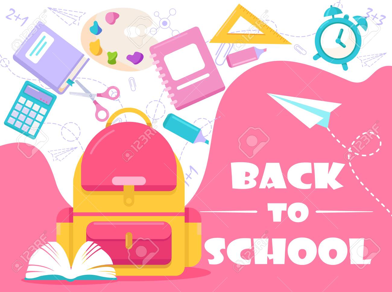 Back to school lettering vector illustration. Cartoon flat stationery, tools supplies and accessories for study in school, college or university. Education concept background for poster or web banner - 148957201 Back to school lettering vector illustration. Cartoon flat stationery, tools supplies and accessories for study in school, college or university. Education concept background for poster or web banner - 148957201