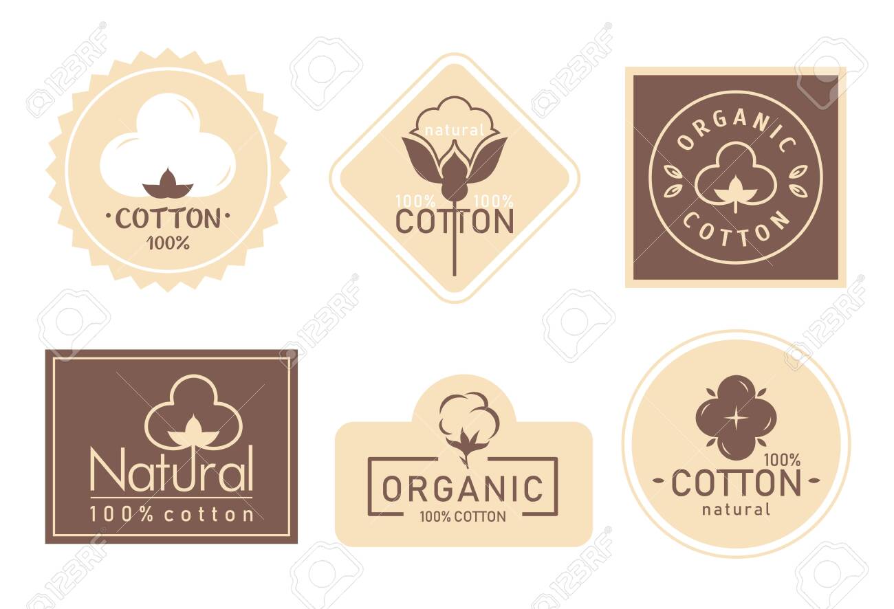 Organic cotton label vector illustration set. Mark icons collection with cottonseed branch plant symbol emblem, natural bio organic product, fabric quality fiber for knitting and textile industry - 148957204 Organic cotton label vector illustration set. Mark icons collection with cottonseed branch plant symbol emblem, natural bio organic product, fabric quality fiber for knitting and textile industry - 148957204