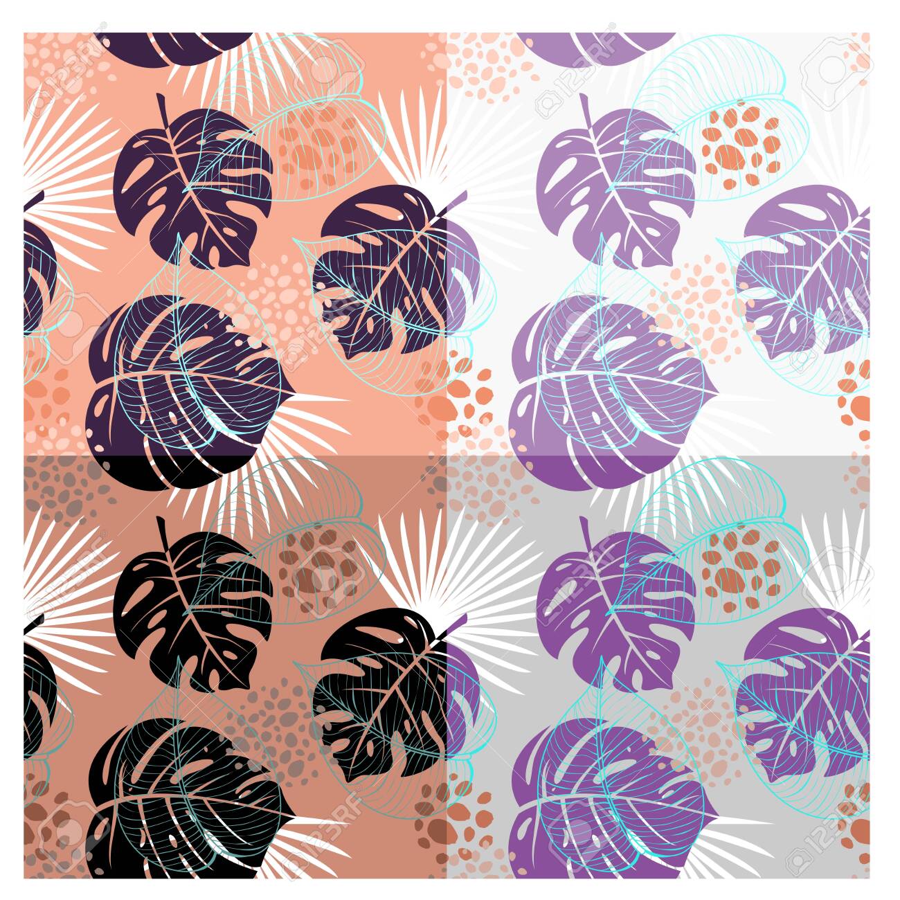Leaf seamless pattern vector illustration set. Abstract tropical monstera leaves, floral leaf design wallpaper, texture decoration with exotic tropic nature, jungle flora plant or palm tree silhouette - 148957205 Leaf seamless pattern vector illustration set. Abstract tropical monstera leaves, floral leaf design wallpaper, texture decoration with exotic tropic nature, jungle flora plant or palm tree silhouette - 148957205