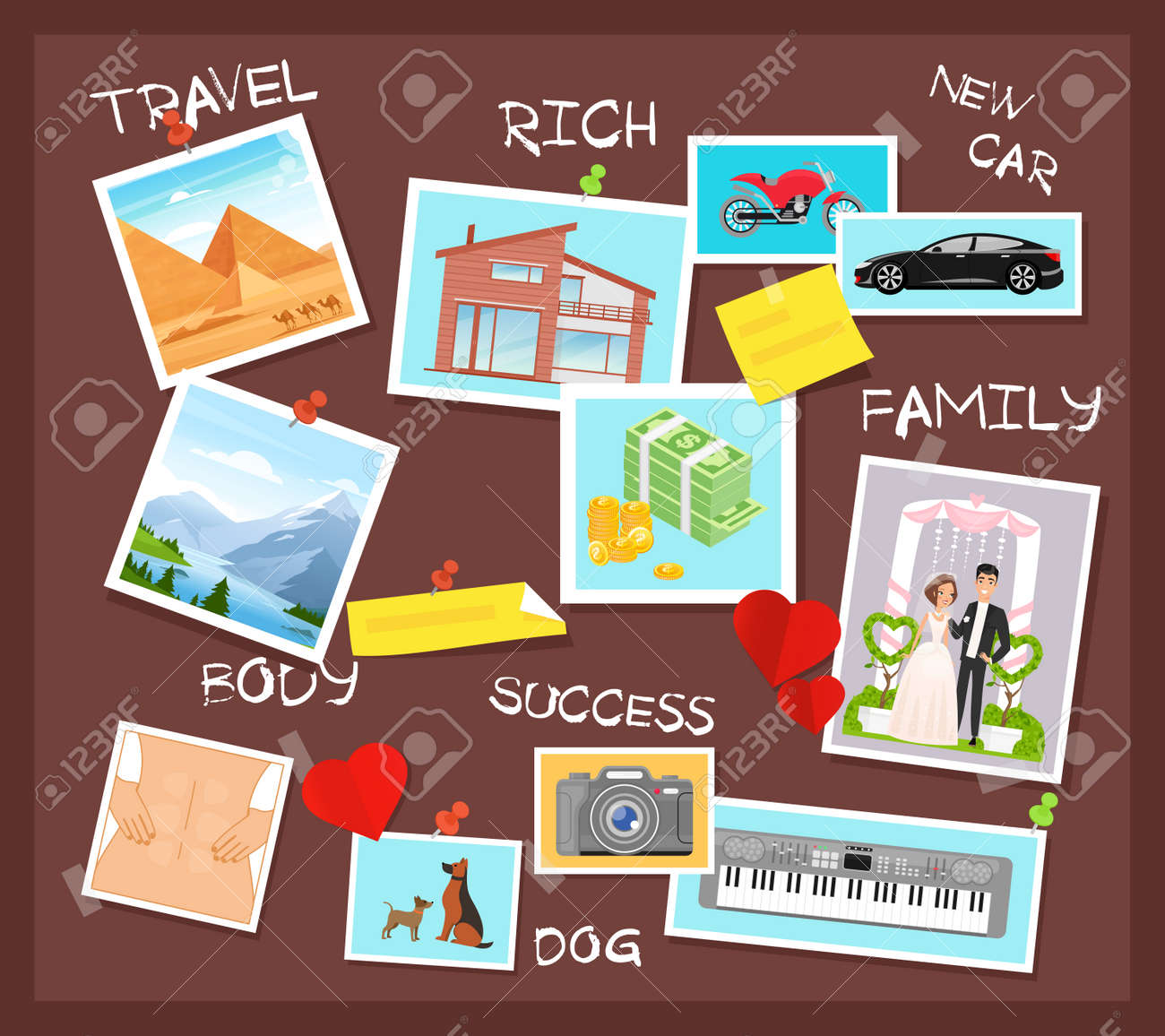 Cartoon flat visionary examples of financial business success, travel achievements, happy family wedding, motivation for body training. Vision board, collage with dreams and goals vector illustration - 151954095 Cartoon flat visionary examples of financial business success, travel achievements, happy family wedding, motivation for body training. Vision board, collage with dreams and goals vector illustration - 151954095