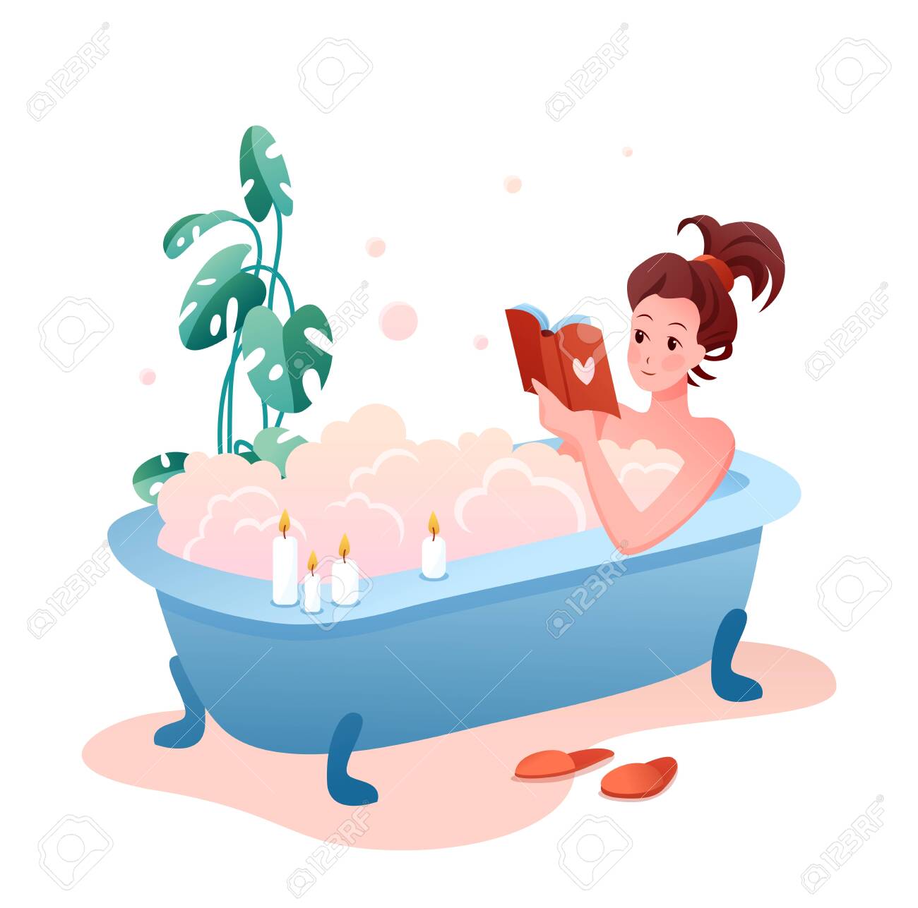 Bath time home spa flat concept vector illustration. Cartoon pretty young woman character having relaxing bubble foam bath, reading book, enjoying soothing bathroom relaxation time isolated on white - 151954096 Bath time home spa flat concept vector illustration. Cartoon pretty young woman character having relaxing bubble foam bath, reading book, enjoying soothing bathroom relaxation time isolated on white - 151954096