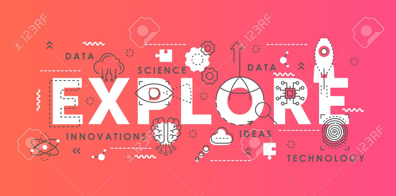 Explore word abstract thin line vector illustration. Flat lineart horizontal infographic banner design with innovation science symbols, scientific exploring lab equipment, idea development concept - 151954100 Explore word abstract thin line vector illustration. Flat lineart horizontal infographic banner design with innovation science symbols, scientific exploring lab equipment, idea development concept - 151954100
