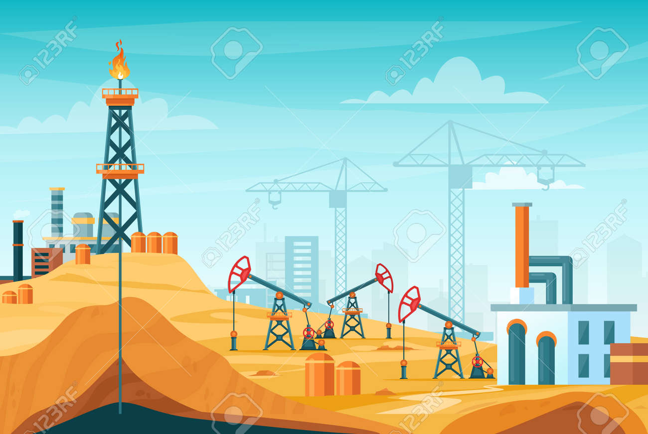 Oil extraction landscape vector illustration. Cartoon flat urban factory station skyline with well drilling, extracting industrial process, oil rig tower to pump black liquid from oilfield background - 151954107 Oil extraction landscape vector illustration. Cartoon flat urban factory station skyline with well drilling, extracting industrial process, oil rig tower to pump black liquid from oilfield background - 151954107