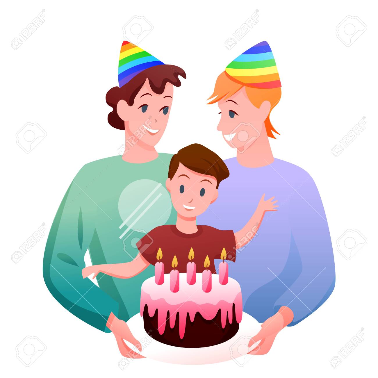 Gay LGBT family celebration vector illustration. Cartoon flat happy man parent characters, two fathers with boy kid celebrating child birthday with gift cake isolated on white - 151954109 Gay LGBT family celebration vector illustration. Cartoon flat happy man parent characters, two fathers with boy kid celebrating child birthday with gift cake isolated on white - 151954109