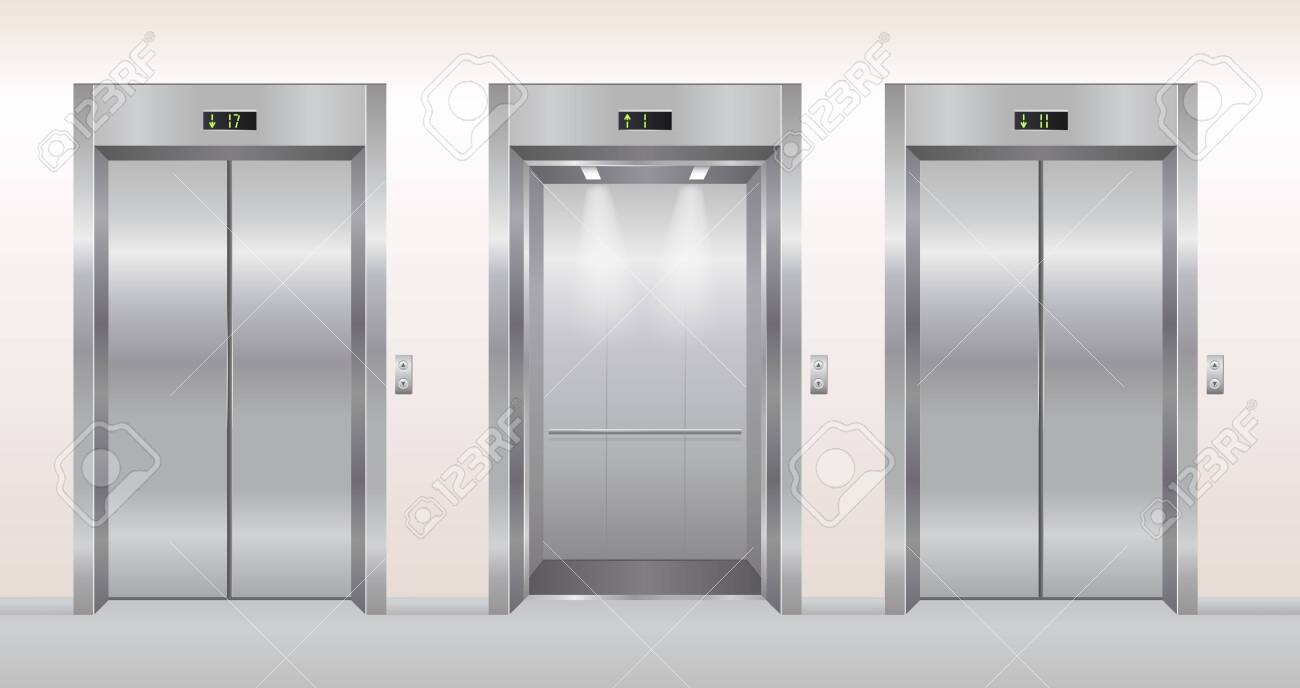 Elevator doors vector illustration. Cartoon flat empty realistic modern office or hotel hallway interior with chrome metal grey lift, open closed elevator doors background - 151954112 Elevator doors vector illustration. Cartoon flat empty realistic modern office or hotel hallway interior with chrome metal grey lift, open closed elevator doors background - 151954112