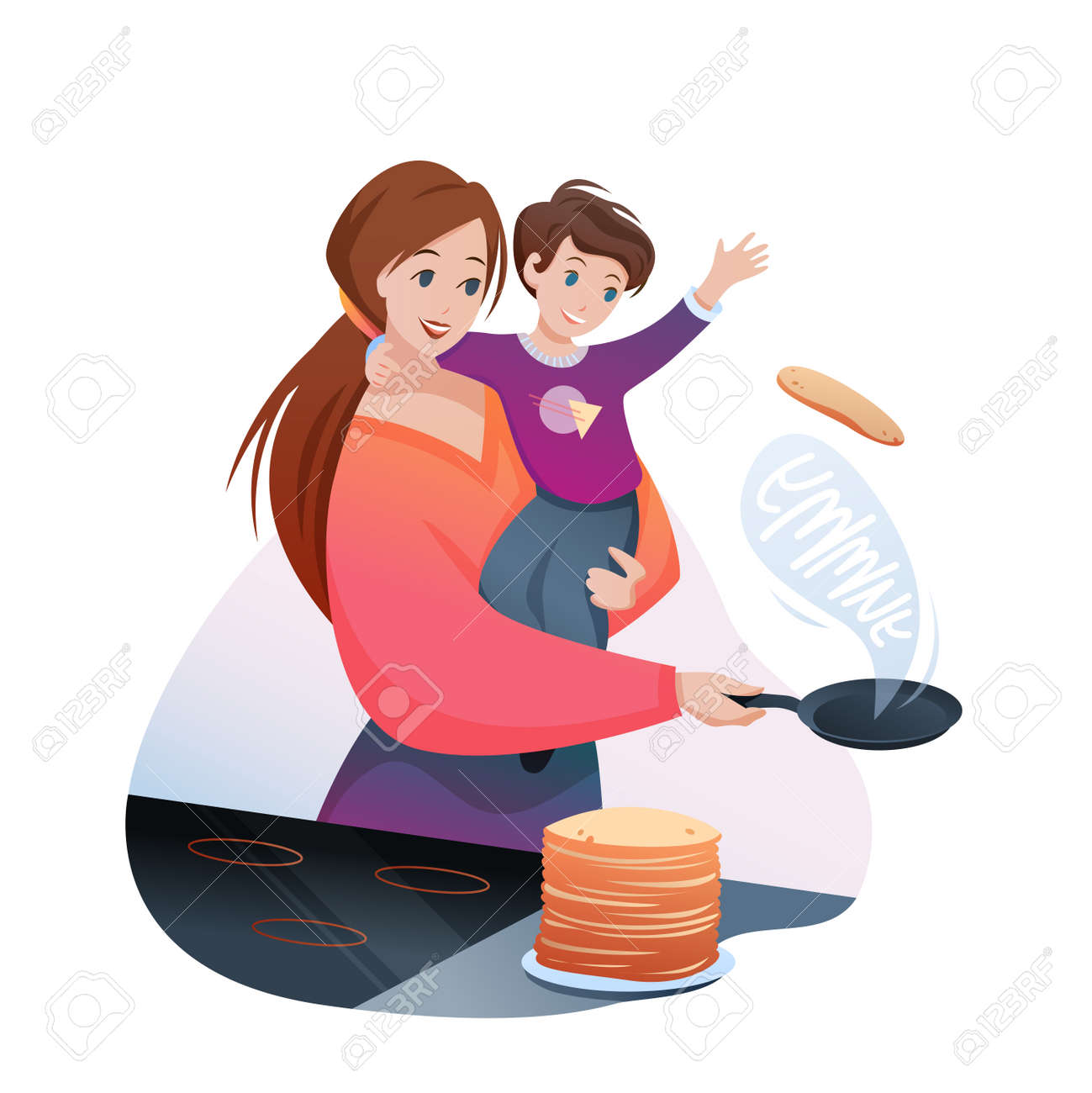 Mother cooks family breakfast food vector illustration. Cartoon flat mom character cooking yummy pancakes, holding boy child in hands, happy motherhood isolated on white - 151954111 Mother cooks family breakfast food vector illustration. Cartoon flat mom character cooking yummy pancakes, holding boy child in hands, happy motherhood isolated on white - 151954111