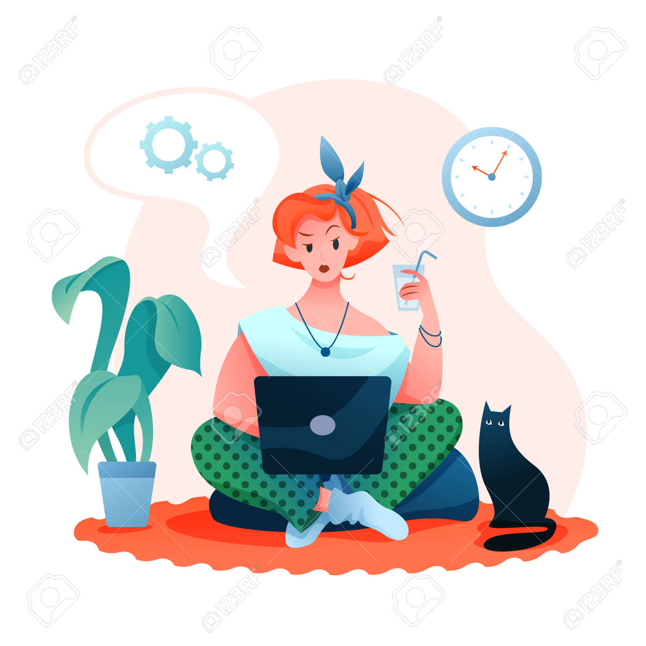 Freelance remote work flat vector illustration. Cartoon beautiful young woman character working online in cozy home room apartment, freelancer with laptop in home business office isolated on white - 151954140 Freelance remote work flat vector illustration. Cartoon beautiful young woman character working online in cozy home room apartment, freelancer with laptop in home business office isolated on white - 151954140