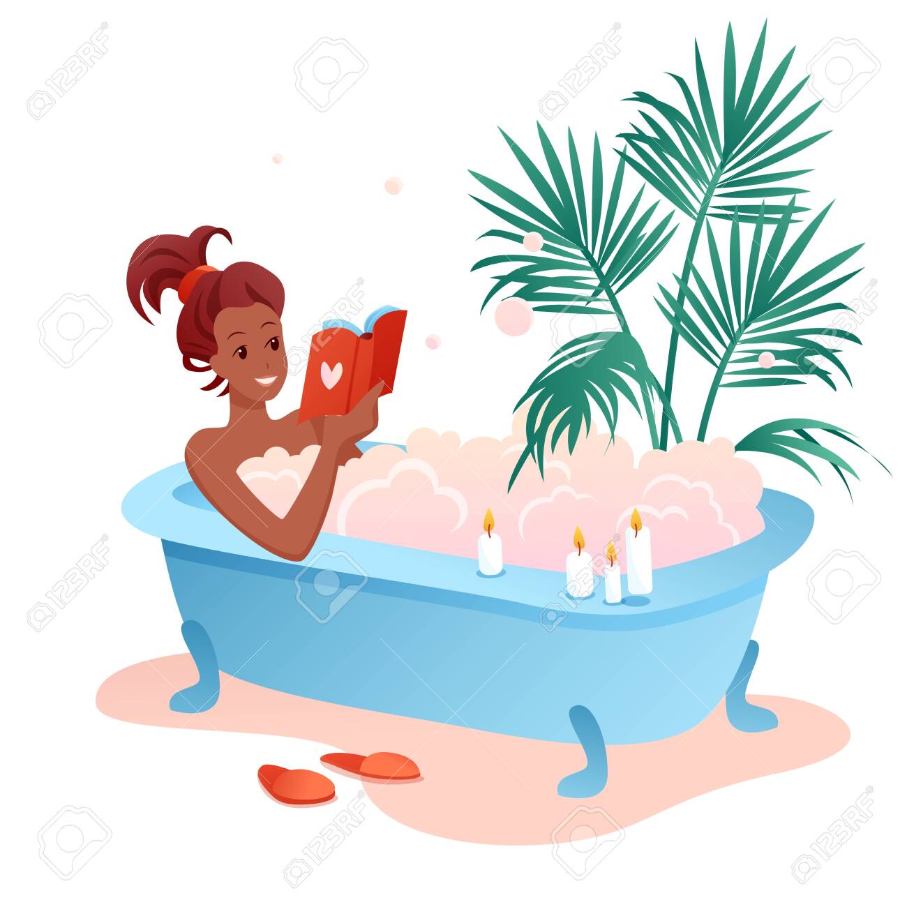 Enjoy bath time flat vector illustration. Cartoon young african woman character enjoying relaxing bubble foam bath, girl reading book in bathroom isolated on white - 151947933 Enjoy bath time flat vector illustration. Cartoon young african woman character enjoying relaxing bubble foam bath, girl reading book in bathroom isolated on white - 151947933