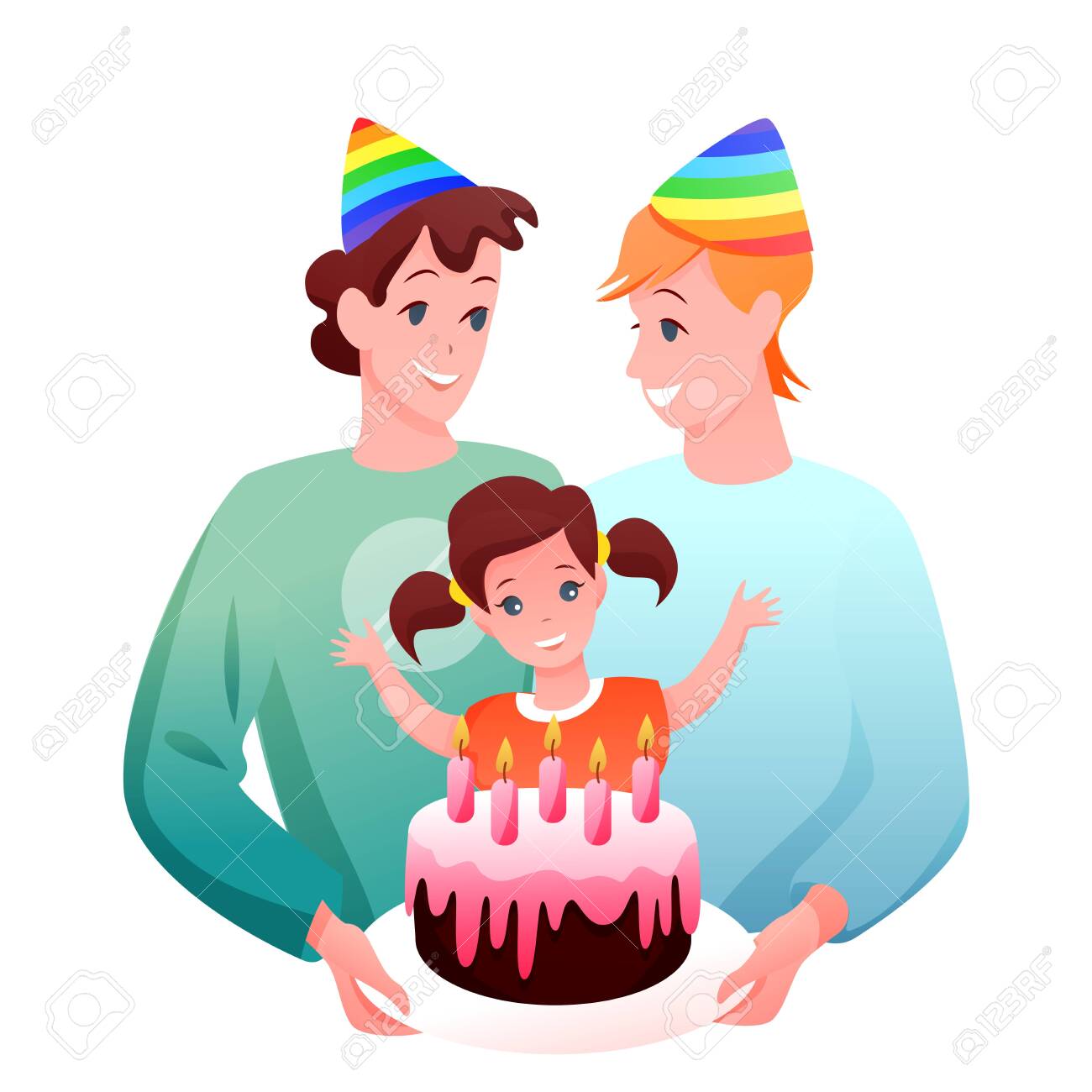 Gay LGBT family celebrate vector illustration. Cartoon flat happy two father characters celebrating birthday of daughter girl with gift chocolate cake, kid birthdate celebration isolated on white - 151954141 Gay LGBT family celebrate vector illustration. Cartoon flat happy two father characters celebrating birthday of daughter girl with gift chocolate cake, kid birthdate celebration isolated on white - 151954141