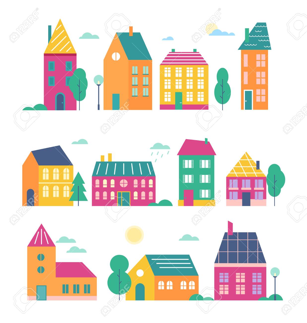 Town houses vector illustration set. Cartoon flat cute colorful urban variety buildings collection of modern and retro townhouse or cottage household facade with door, window, roof isolated on white - 151948070 Town houses vector illustration set. Cartoon flat cute colorful urban variety buildings collection of modern and retro townhouse or cottage household facade with door, window, roof isolated on white - 151948070