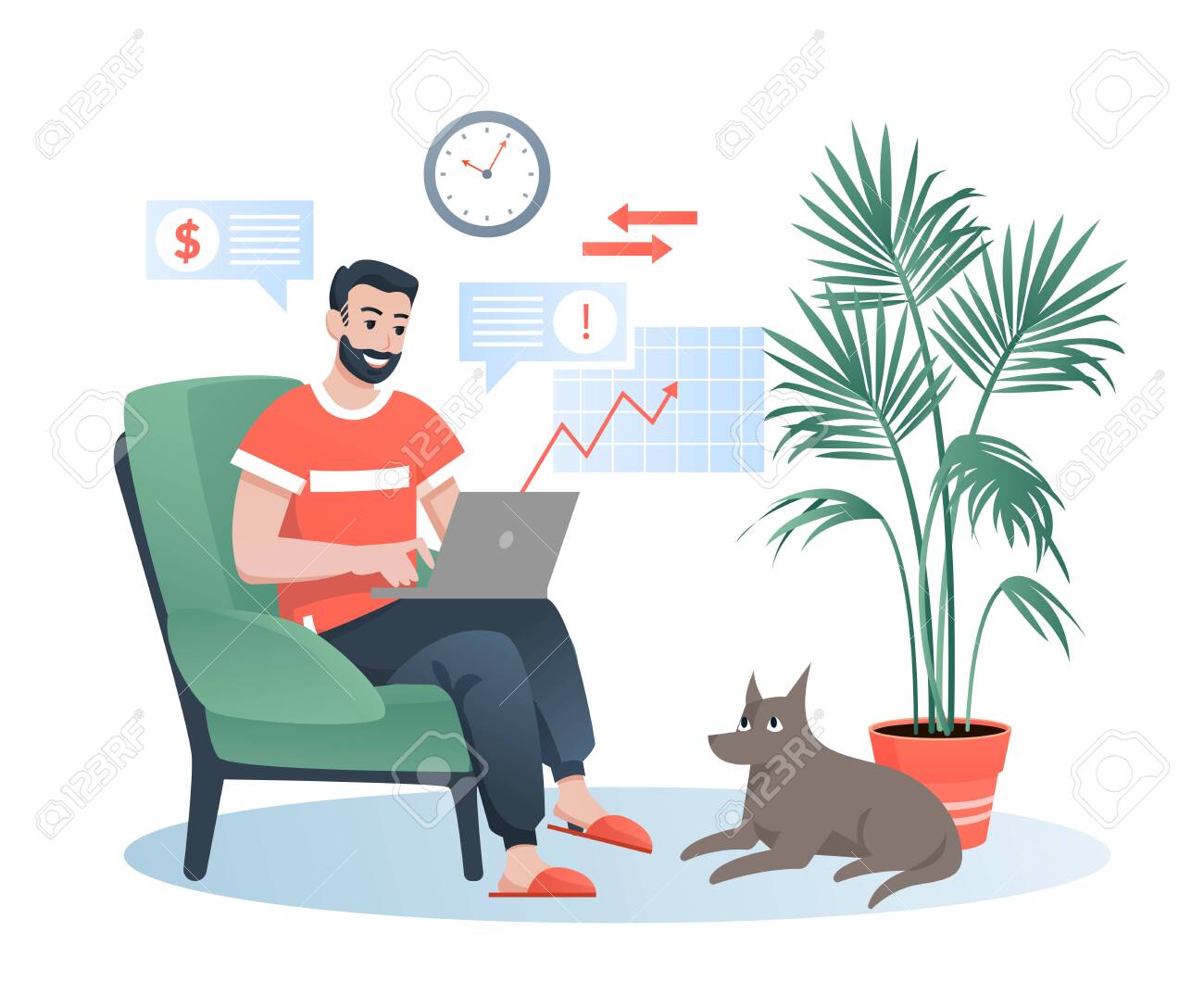 Freelancer works at home flat vector illustration. Cartoon bearded happy hipster man character sitting in comfortable armchair, working with laptop. Remote job isolated on white - 152370283 Freelancer works at home flat vector illustration. Cartoon bearded happy hipster man character sitting in comfortable armchair, working with laptop. Remote job isolated on white - 152370283