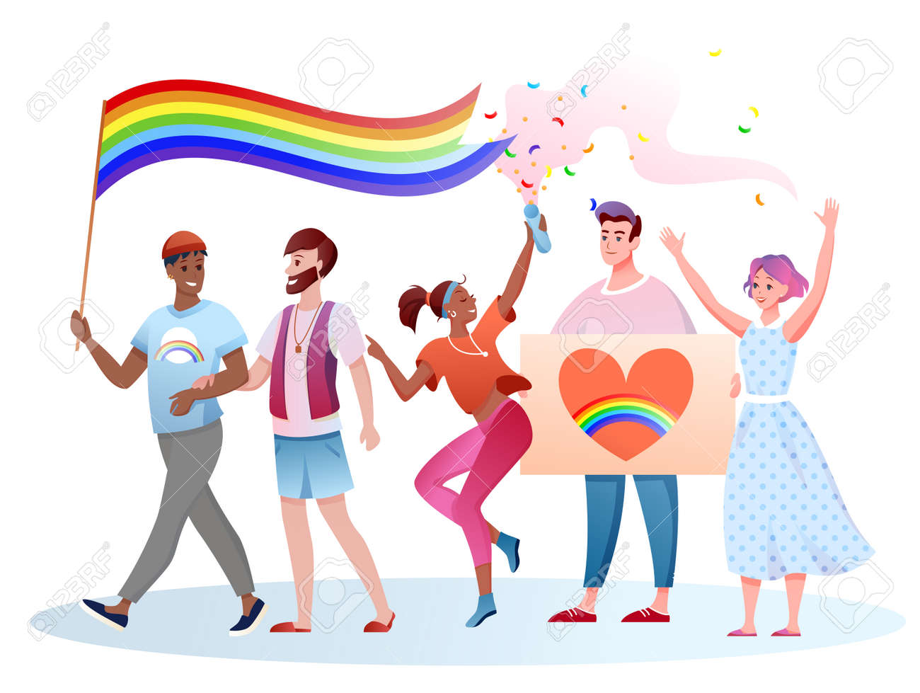 LGBT pride parade vector illustration. Cartoon flat happy and people take part in festival parade for human rights, holding LGBT rainbow flag in hands - 152370286 LGBT pride parade vector illustration. Cartoon flat happy and people take part in festival parade for human rights, holding LGBT rainbow flag in hands - 152370286